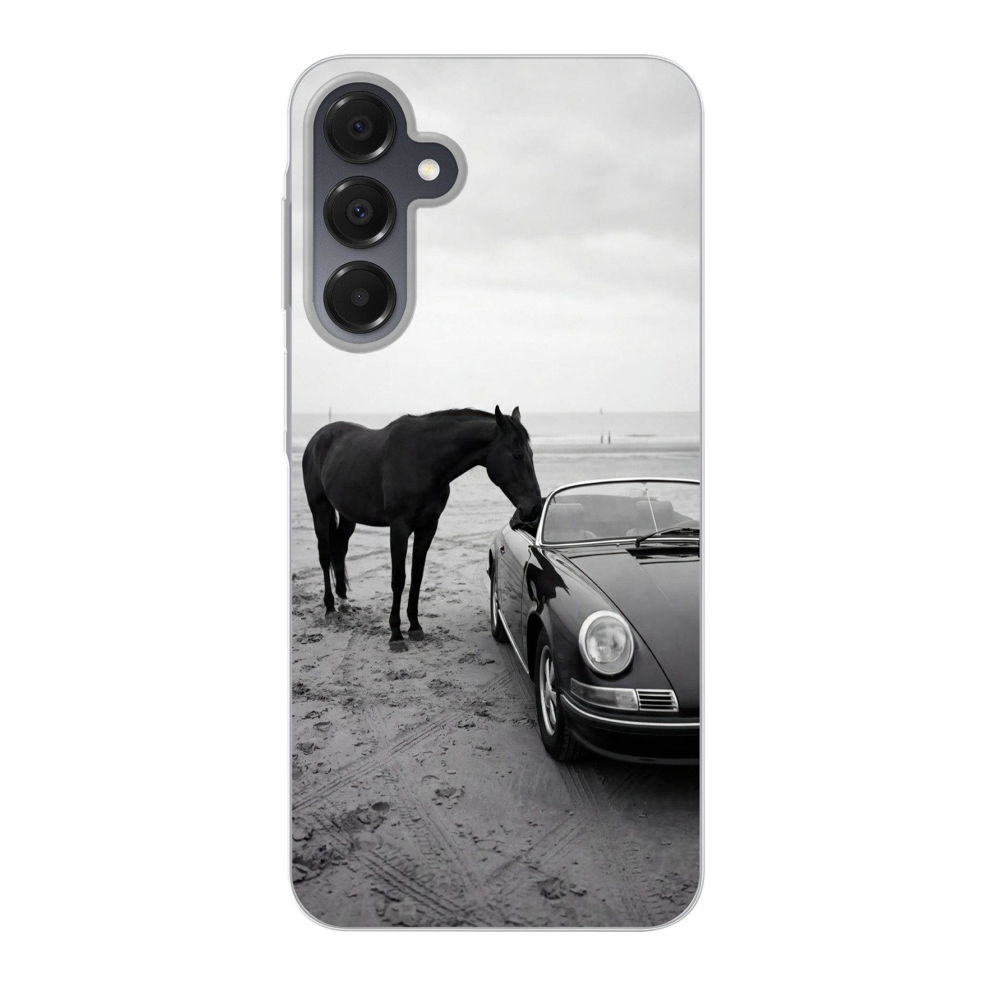 MuchoWow Handyhülle für Samsung Galaxy A16 Pferd - Auto - Schwarz - Weiß, Handy Case, Silikon, Bumper Case Dünn