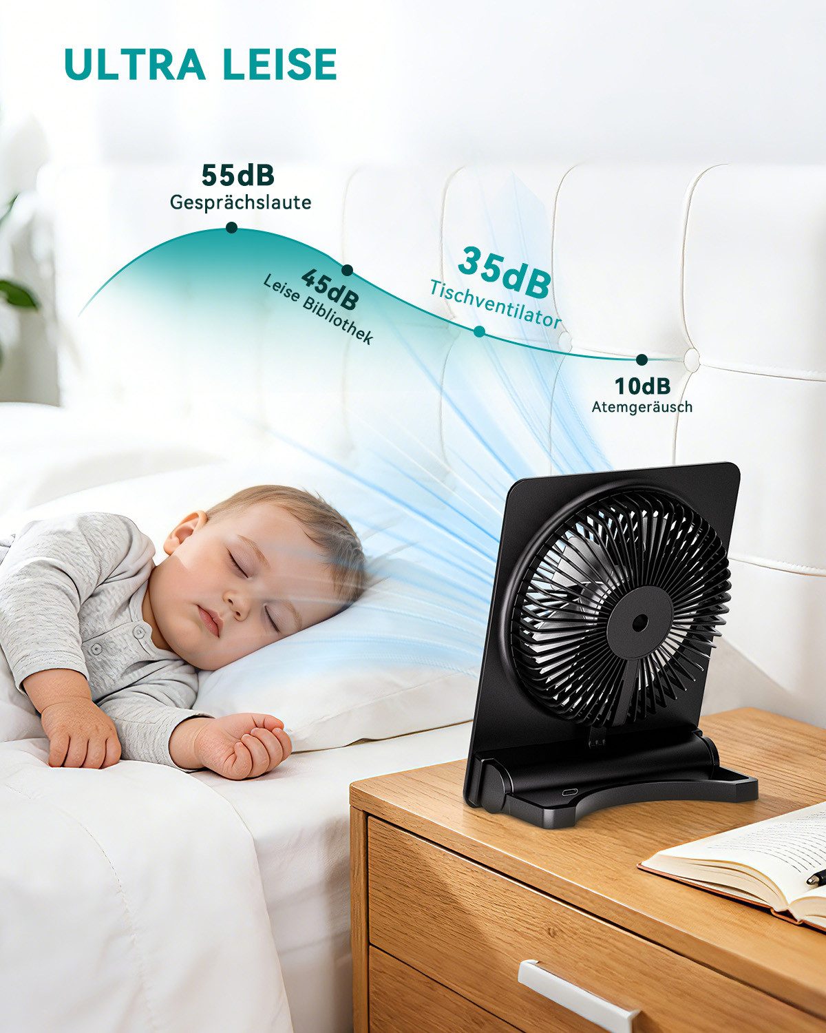 skelo Tischventilator USB Ventilator mit stufenloser Geschwindigkeitsregelung 5–100, 1 cm Durchmesser, LED-Display, 180° verstellbar, faltbar, tragbar, für Büro und Reisen