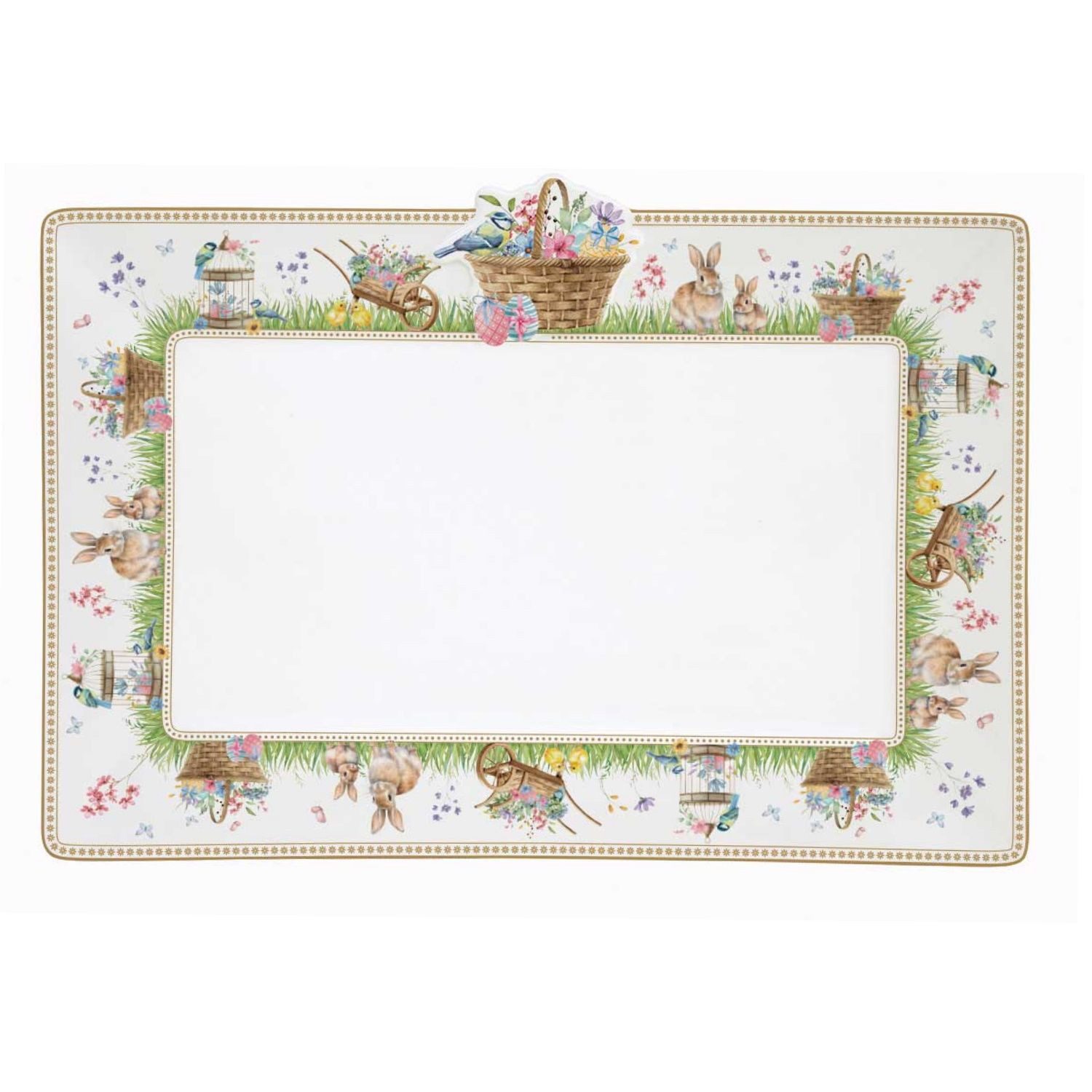 EasyLife Servierplatte Spring Bloom, Porzellan, Spülmaschinengeeignet, Mehrfarbig, Hasen & Blumenkörbe, H: 2.5cm