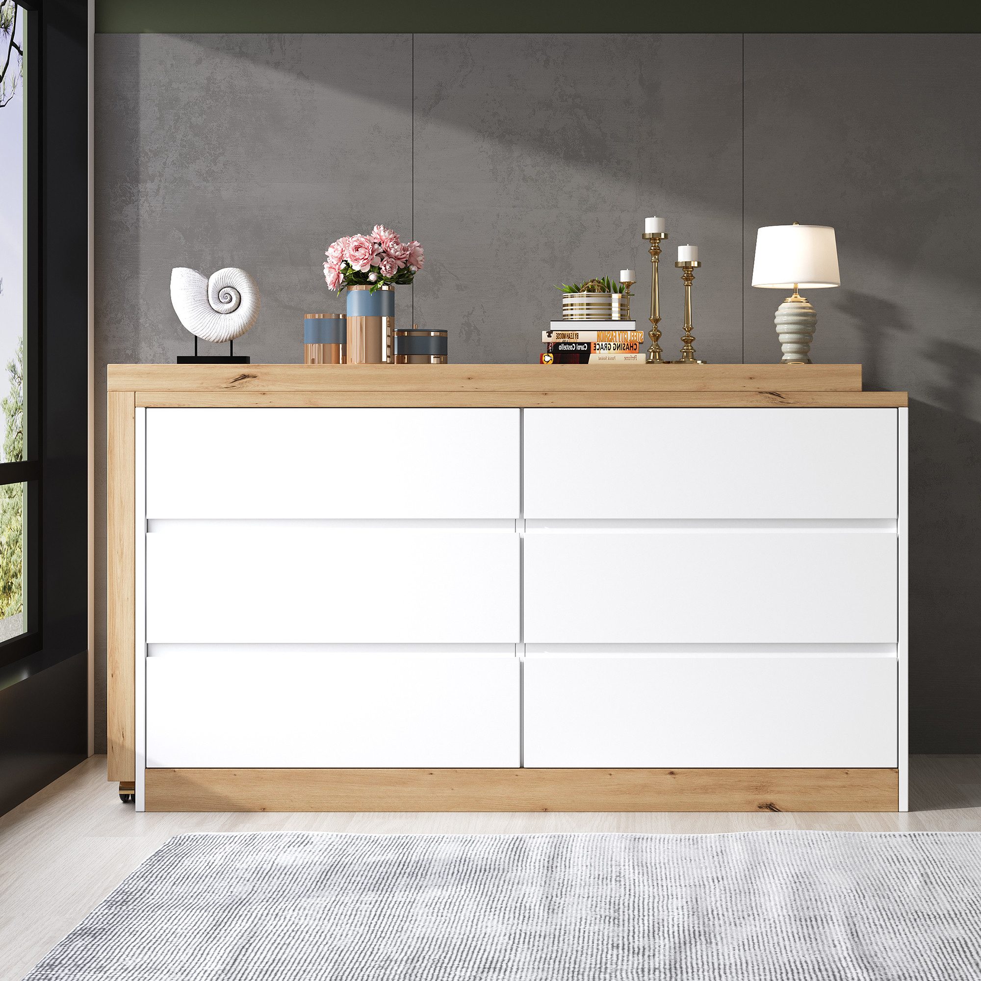 Merax Eckschreibtisch 2-in-1 Schreibtisch mit 6 Schubladen (1-St., auf feststellbaren Rollen), Drehbarer Bürotisch, Sideboard, Computertisch