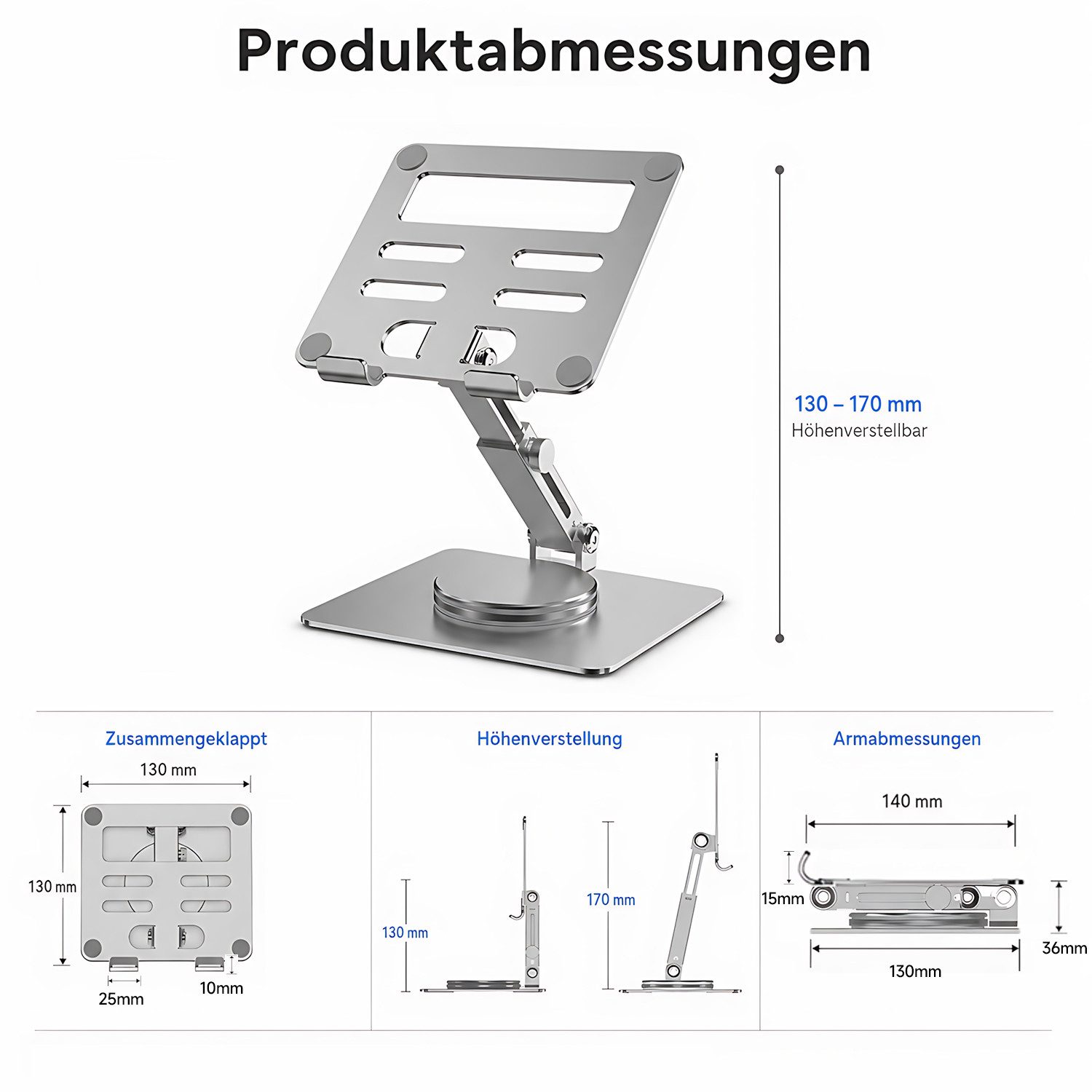 Refined Living Tablet-Ständer Tablet Halterung für Tisch 360° Drehbare höhenverstellbar Faltbarer, (Verstellbarer Aluminium Desktop-Ständer Tablet und Handy Ständer, 1-tlg., Kompatibel mit 3-14" iPads, Tragbaren Monitoren, Kindle und Viel Mehr, Organizer, Stabil Schreibtisch Büro Zubehör Gadgets Bürogeschenke)