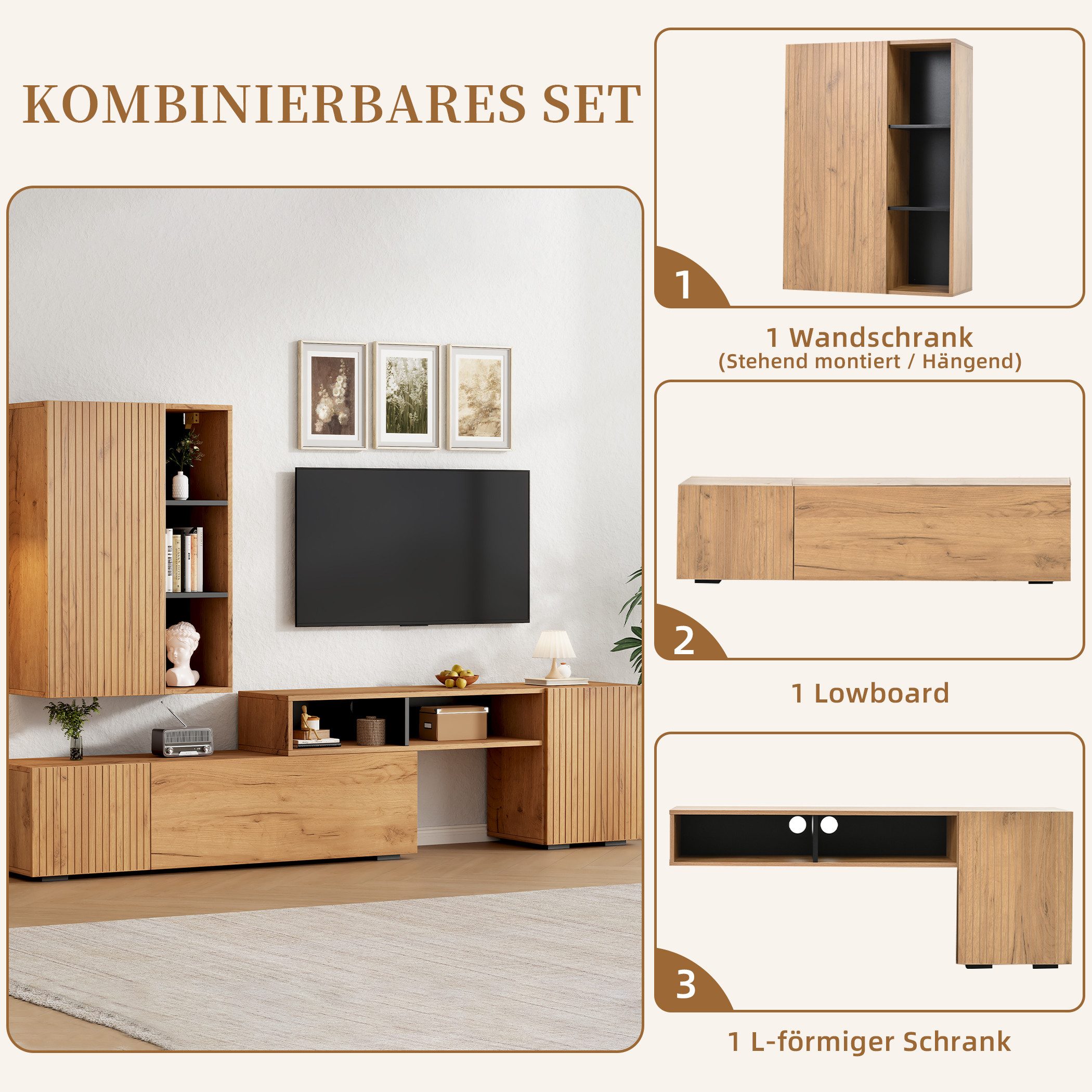 SeedWave Lowboard Combo-Set, 1 TV-Schrank und Hängeschrank, 4 Türen, Kabeldurchführung, Der L-förmiger Schrank bewegt flexible für Verstellung der Länge