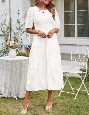 B.X Dirndl Damen kleid mit Puffärmeln gesmoktem Blumenmuster Spitze Midi-Kleider Mehrlagiges Blumen für Damen mit Rundhalsausschnitt Rüschen kleid