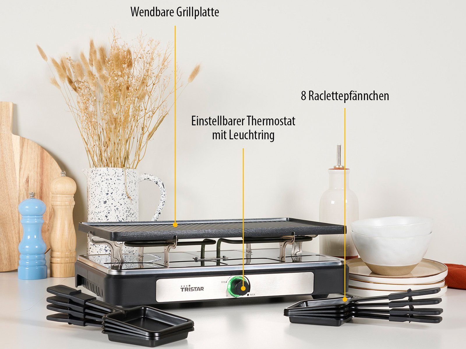 Tristar Raclette, 8 Raclettepfännchen, 1400 W, Gerät für 2-8 Personen Tischgrill wendbare Grillplatte Teppanyaki