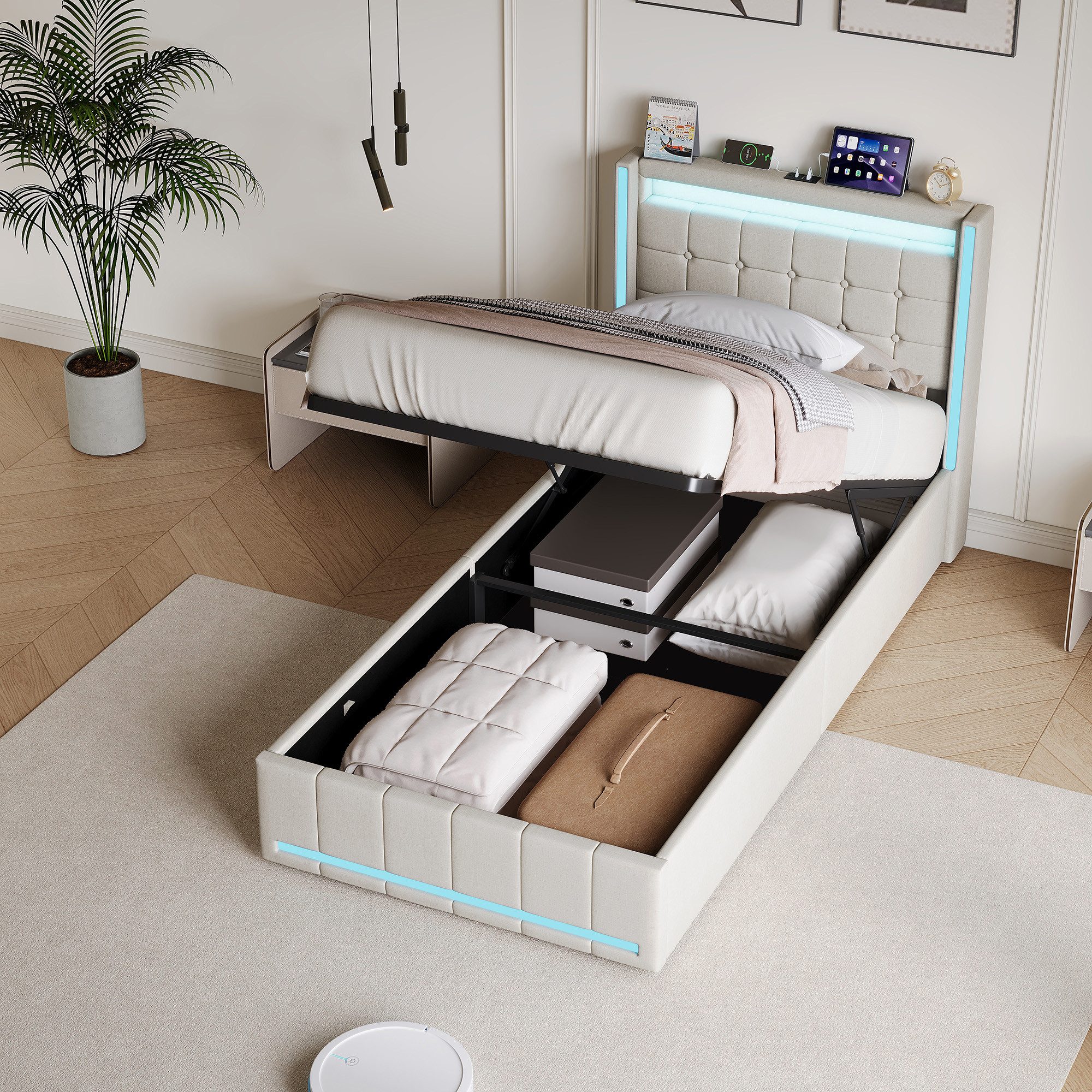 zebery Stauraumbett Polsterbett Doppelbett Mit LED und USB+Typ C, Leinenmaterial (Packung, 1-tlg., Jugendbett), 90x200 cm,Mit Bettkasten,Gepolstert,Mit Kopfteil und Bettgestell,Grau