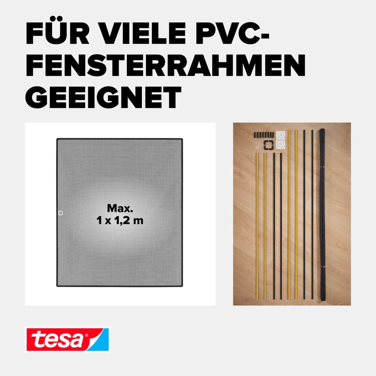 tesa Insektenschutz-Fensterrahmen Insect Stop Anklipsrahmen - Fliegengitter für Fenster, (Packung, 1-St., inkl. Fiberglas-Netz in Anthrazit, Rahmen und Halteklip-Lösung), Selbstklebende Halteklips, zuschneidbarer Rahmen, ohne Bohren