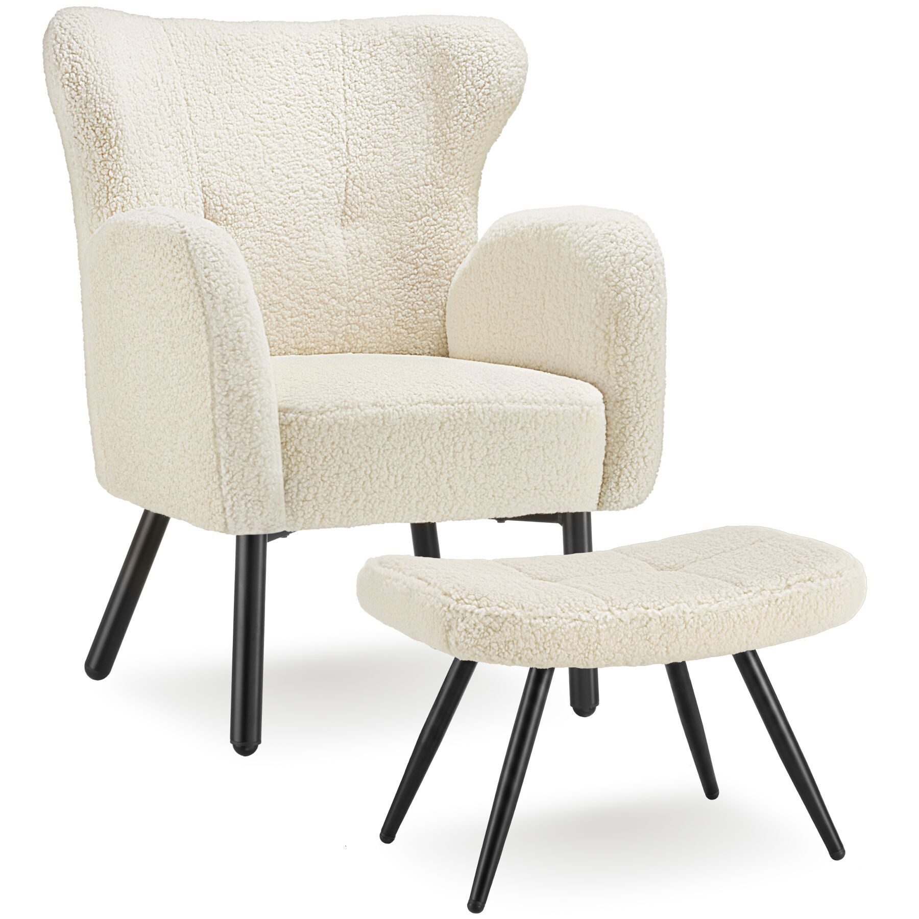 tectake Relaxsessel Ohrensessel mit Hocker Bouclé dick gepolstert skandinavisch Design (Fernsehsessel Mit Hocker Vänersborg, in Bouclé creme/schwarz), runde Stahlbeine, höhenverstellbare Füße, Belastbarkeit 120 kg