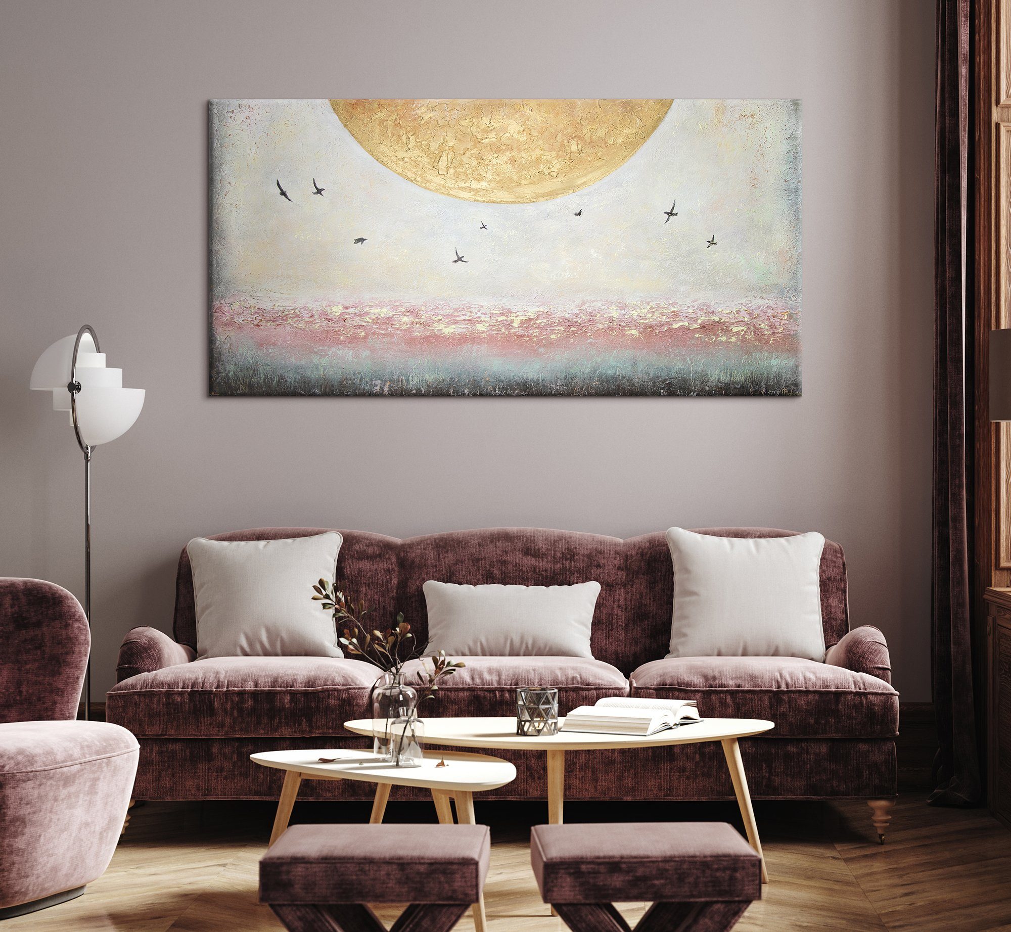 Vögel Leinwand Sonne YS-Art Ohne Handgemalt Bild Schattenfugenrahmen Sonnenenergie, Landschaft, Gemälde Gold Süden