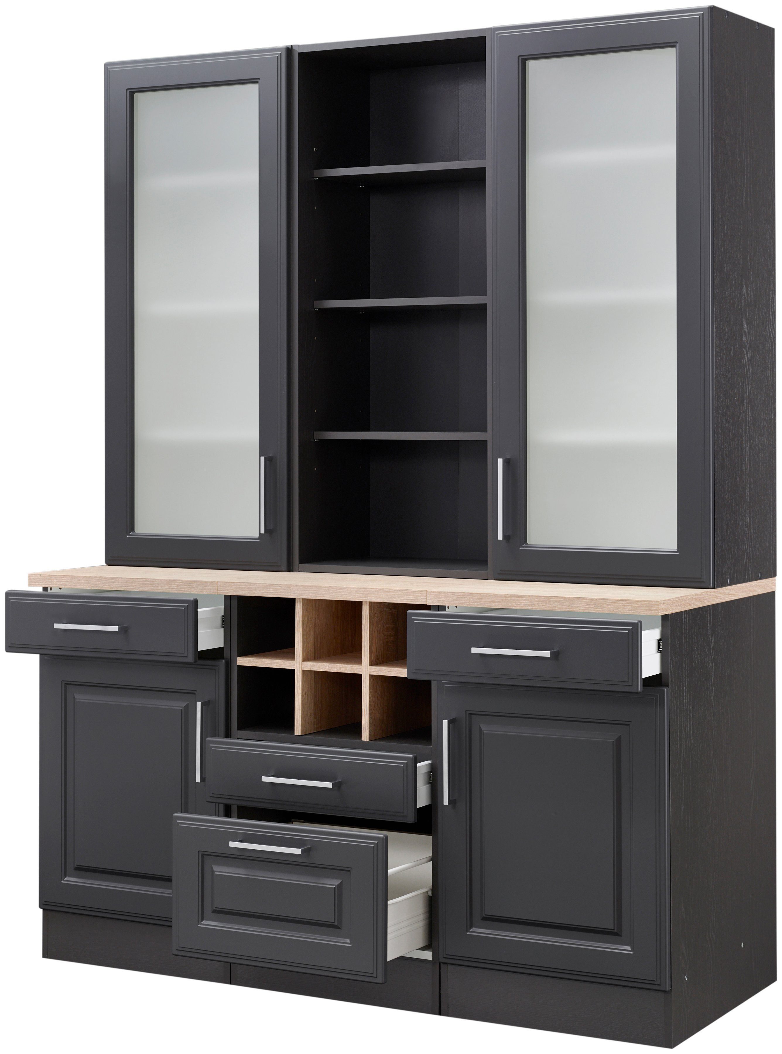 KOCHSTATION Küchenbuffet KS-Stockholm hochwertige MDF-Fronten, 2 Glasrahmentüren, 200 cm hoch, viel Stauraum