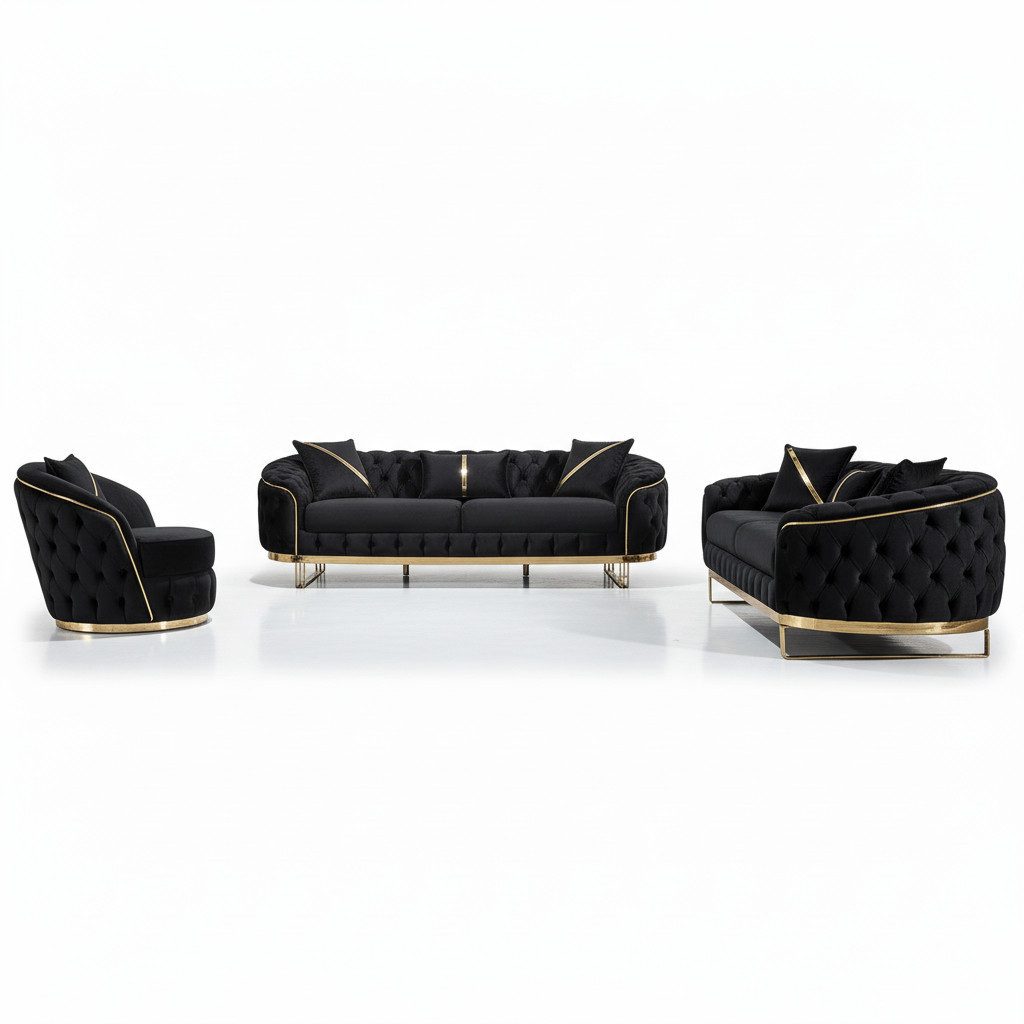 Palms-Store Sofa -Set MIRA mit Knopfheftung in 5 edlen Farbvarianten, 3-Sitzer + 3-Sitzer + Sessel