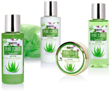 BRUBAKER Hautreinigungs-Set Dusch- und Badeset mit Aloe Vera Duft, 5-tlg., Frauen Geschenk Set in Sichtfensterbox, Beauty Pflegeset für Damen, Beauty Geschenkset