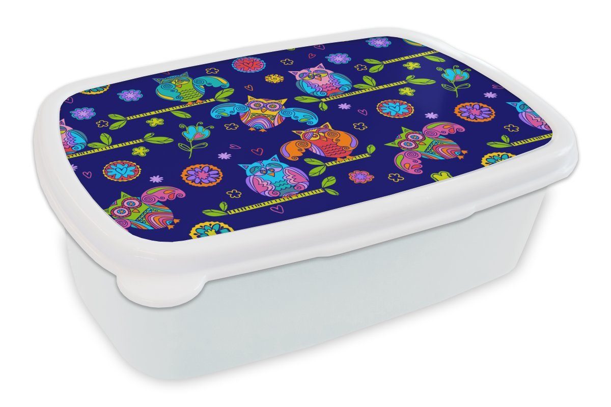 MuchoWow Lunchbox Muster - Eule - Äste, Kunststoff, (2-tlg), Brotbox für Kinder und Erwachsene, Brotdose, für Jungs und Mädchen weiß