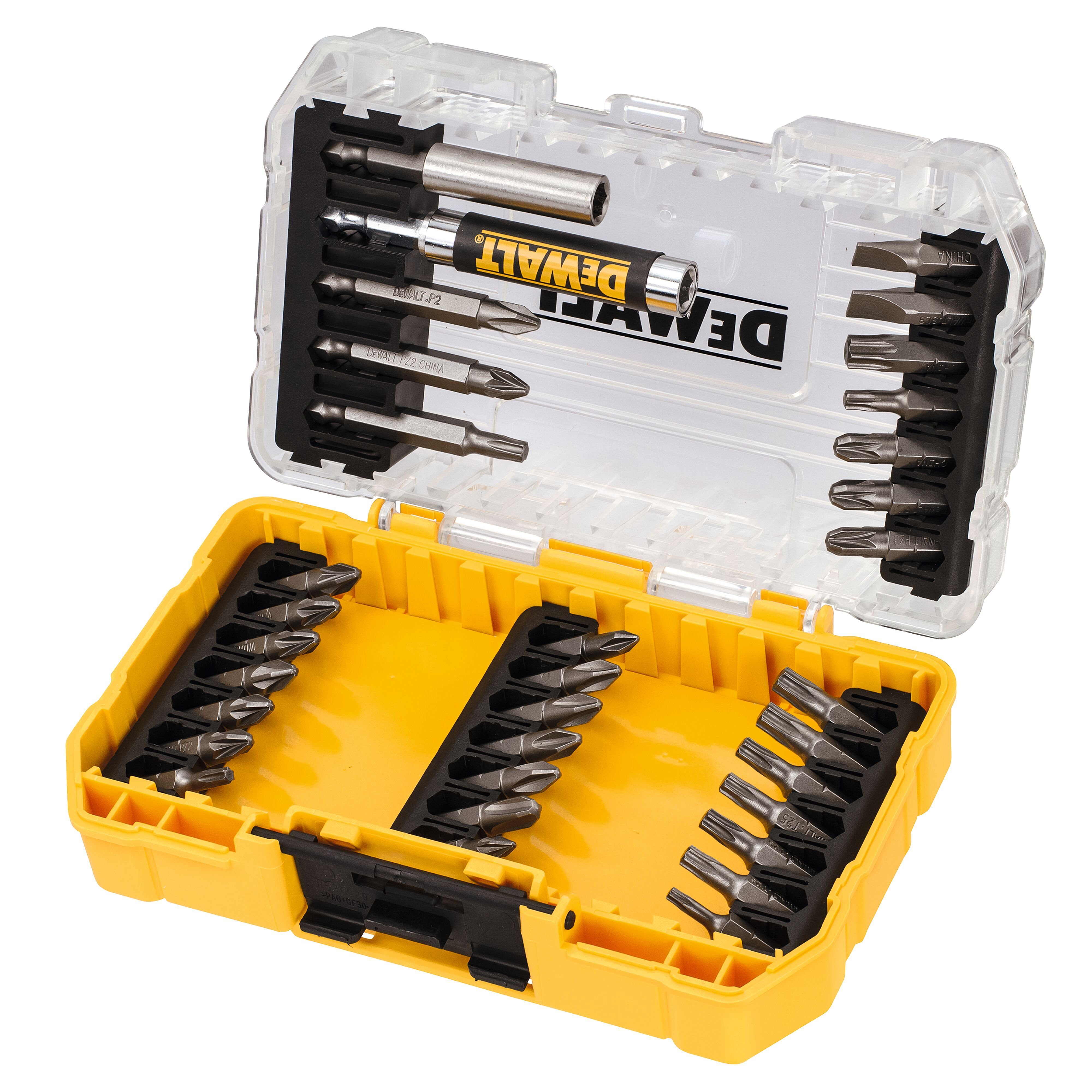 & 25 mit DeWalt mit 18V, (bürstenlos) Torx max. 820 2-tlg., Set mm), 8600/25500/38250 /min 50 Watt, in Schlagzahl 2000,00 (Spar-Set, Akku-Schlagbohrschrauber mm Pozi, DCD996P2-QW U/min, und DT70709-QZ Bithalter, Schlitz,