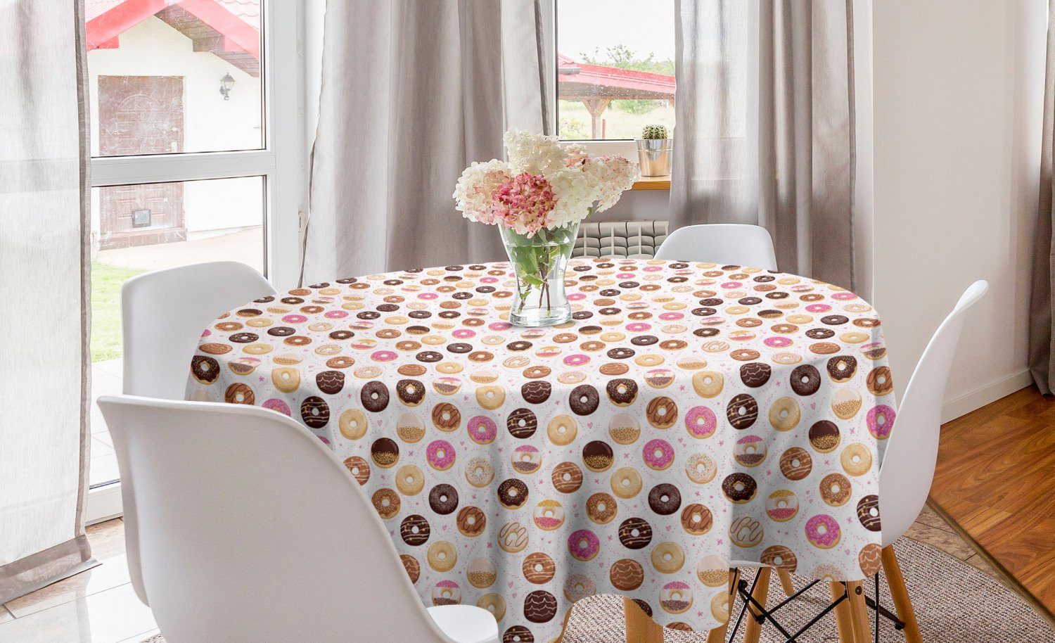 Bunte Donuts für Kreis Yummy Tischdecke Abakuhaus Esszimmer Küche Rosa Dekoration, Abdeckung Tischdecke