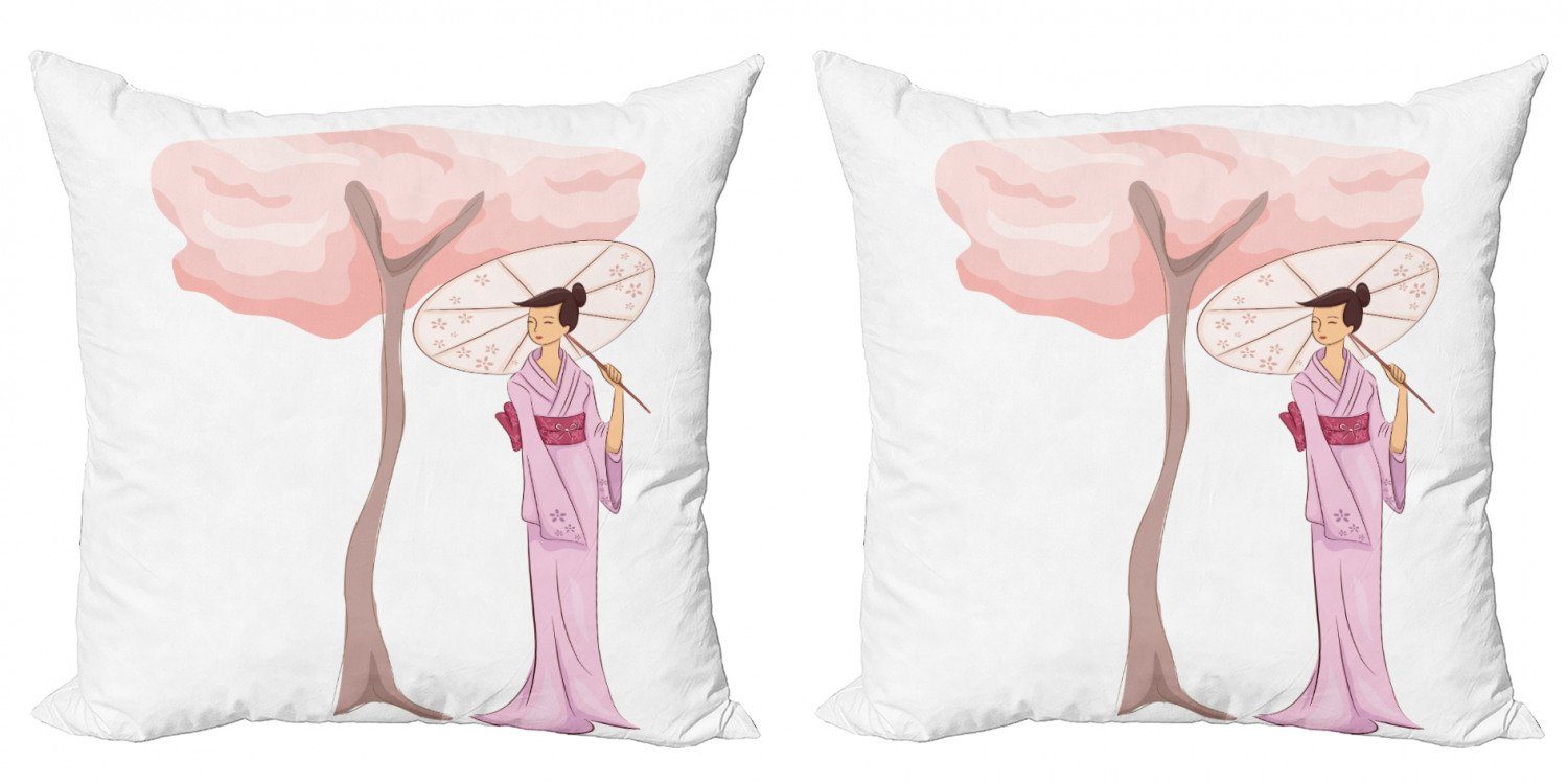 Kissenbezüge Modern Accent (2 Doppelseitiger Tree Blossom Frau Abakuhaus Stück), Digitaldruck, Regenschirm-Mädchen