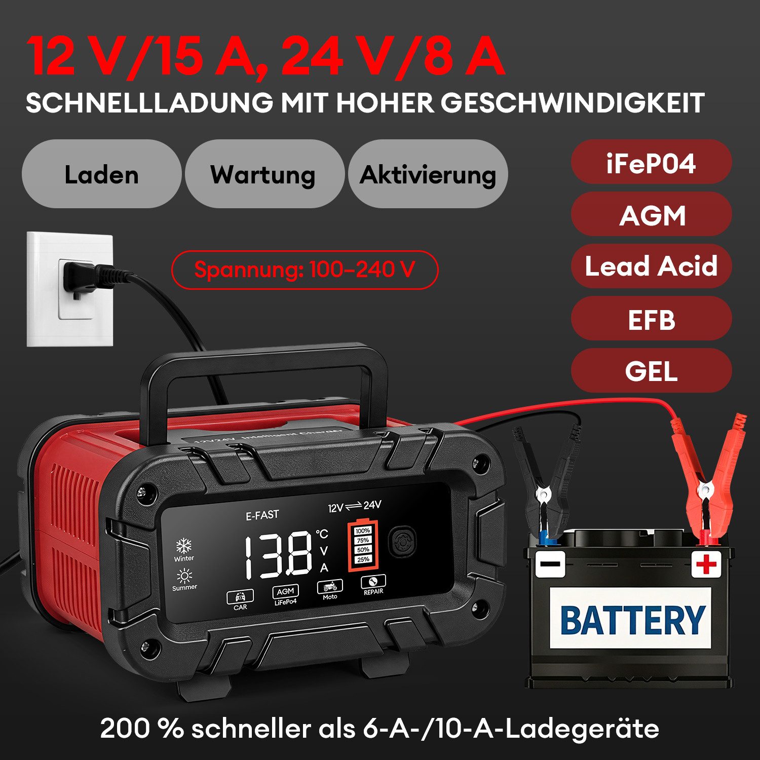CkeyiN Pro 12V/24V Intelligentes Batterieladegerät, 15A Autobatterie-Ladegerät (7-Stufige Ladung & Reparaturmodus, Farbdisplay, für Auto, Motorrad, LKW, Blei-Sä – Bild 2 von 5