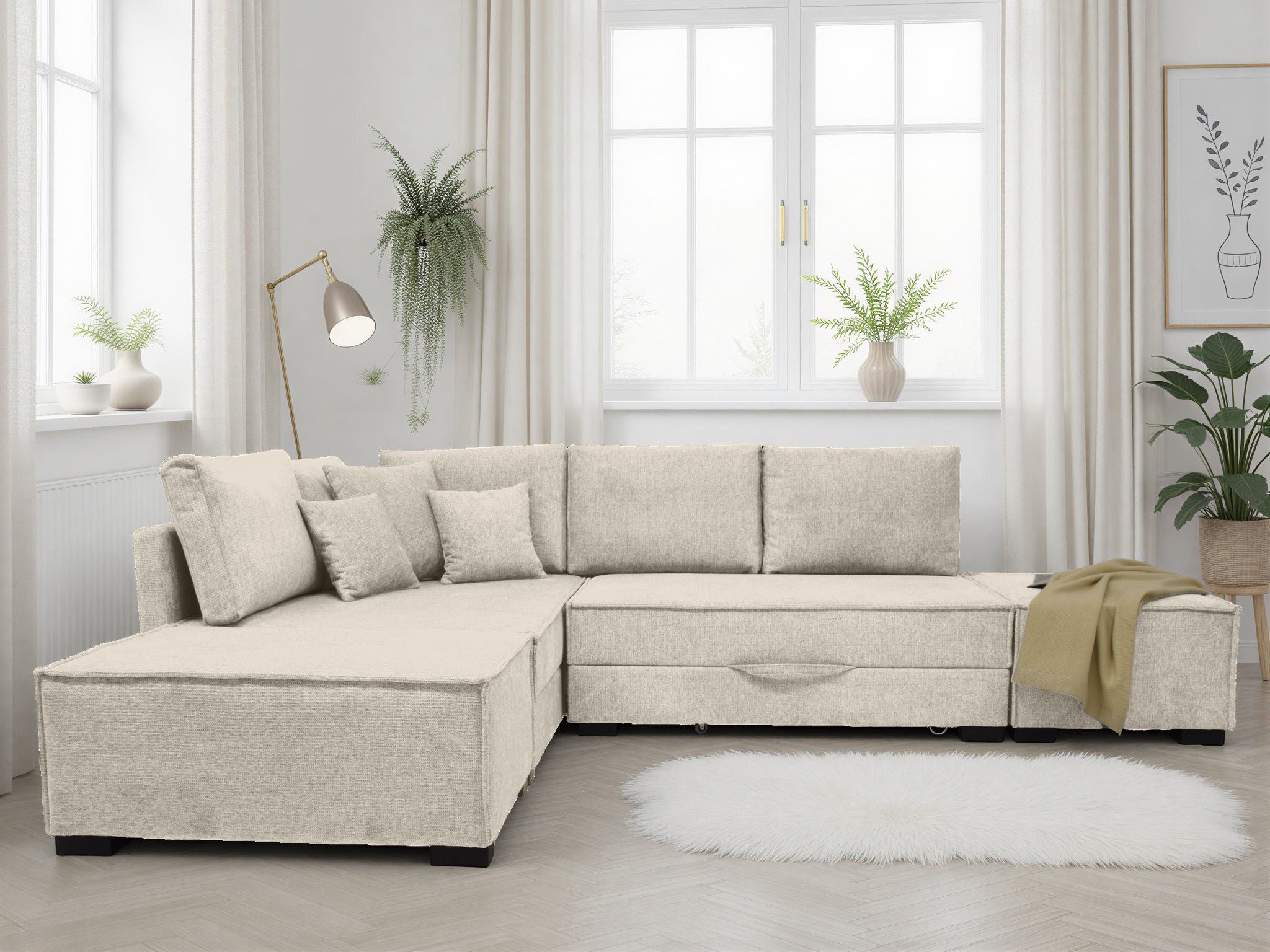 Home affaire Ecksofa Night & Day L-Form, B: 316 cm mit Dauer-Schlaffunktion 180x200 cm, Set: Sofa & Hocker, Schlaffunktion, Bettkasten & Kissen, Boxspringbett