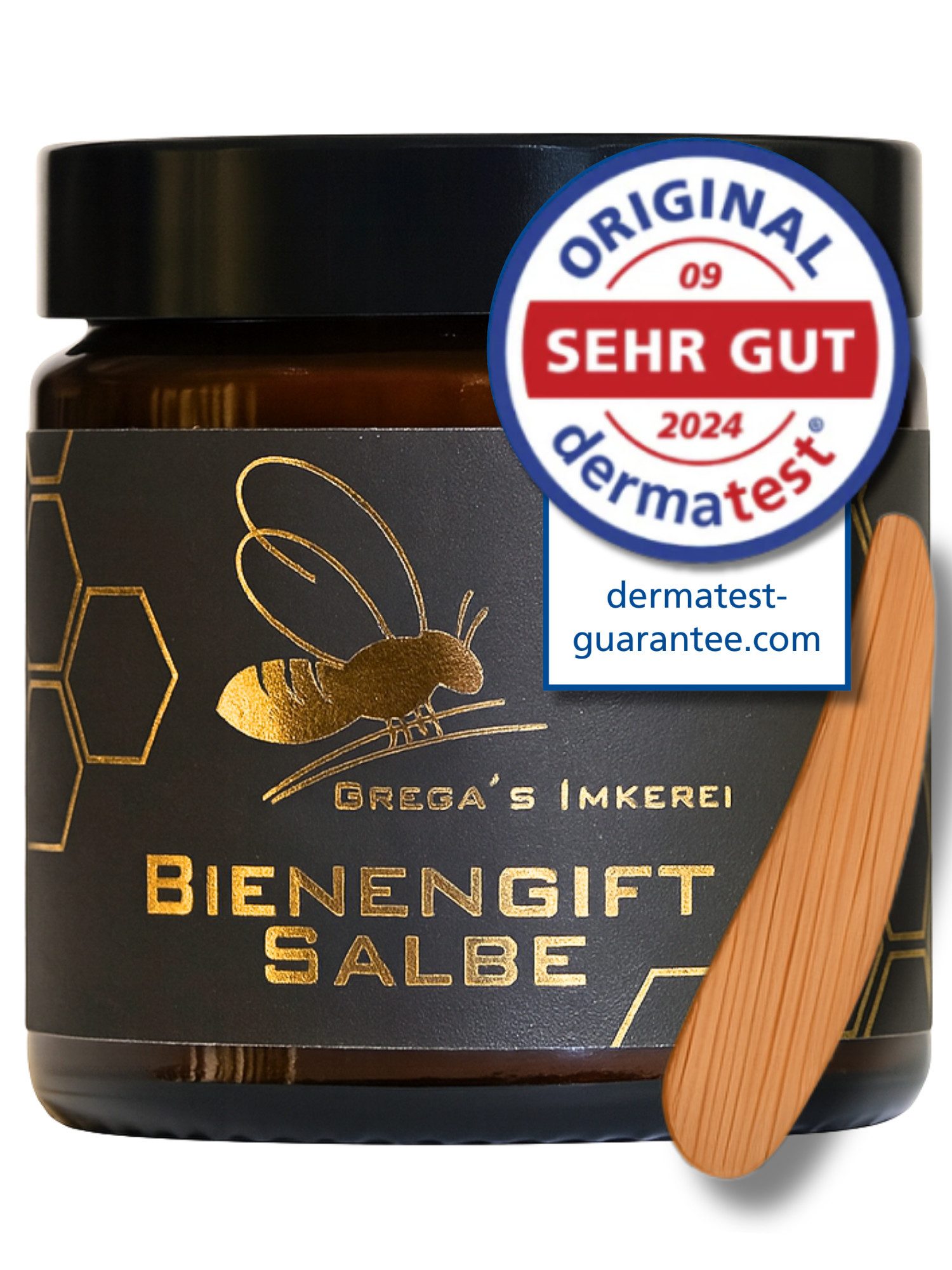 Grega´s Imkerei Körpercreme Bienengiftsalbe 100 ml - Derma Test „Sehr gut“ inkl. Massivholz Cremespatel, 1-tlg., Hochkonzentrierte Muskel- und Gelenkpflege mit ca. 300 Bienenstichen