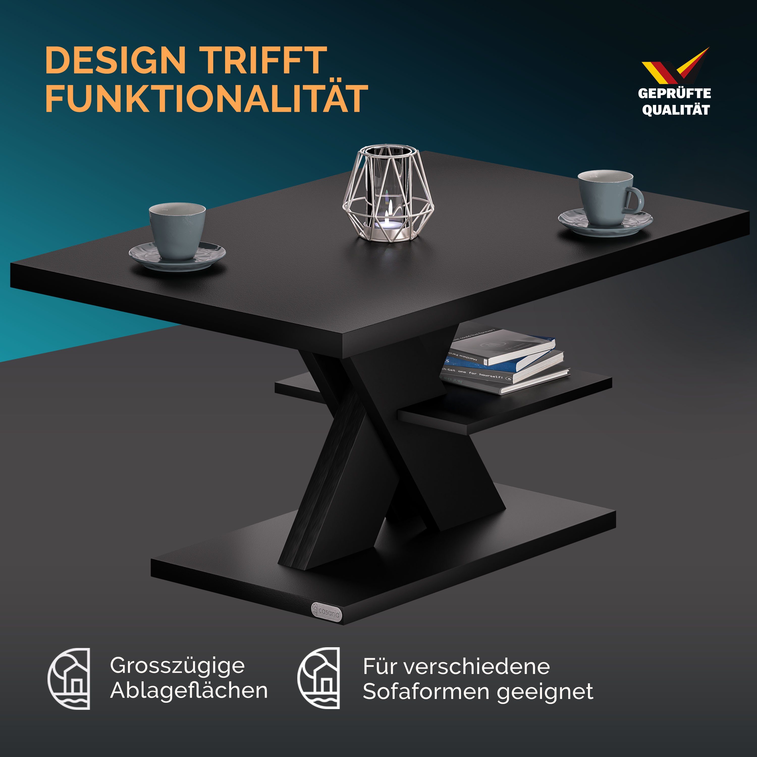 50mm Holz 90x45x60cm 50kg Casaria Belastbarkeit Kratzfest modern Couchtisch, Schwarz Tischplatte