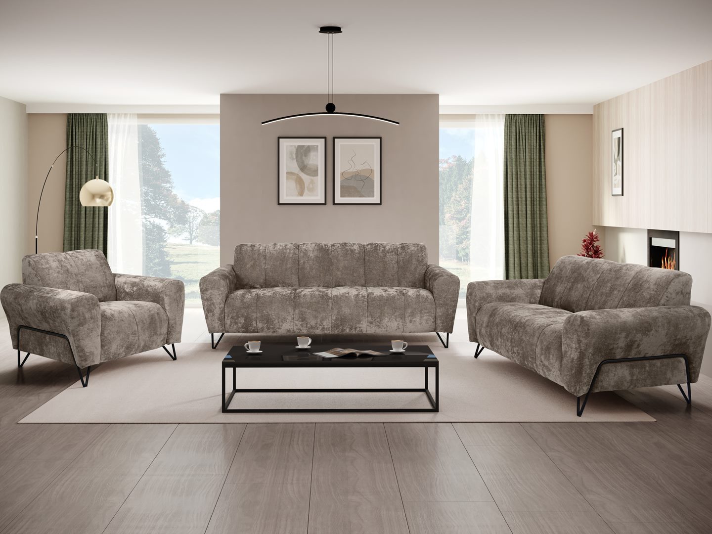 Beautysofa Polstergarnitur VOLARE Modernes Sofa Set mit 3-Sitzer, 2-Sitzer & Sessel, (hochwertige Couchgarnitur für Wohnzimmer & Salon, Design Polstermöbel im modernen Stil), schwarze Metallbeine