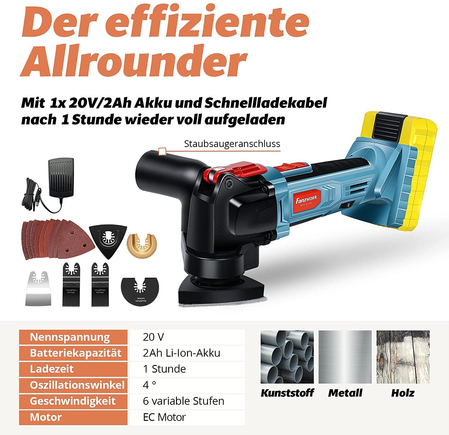 Fanztool Akku-Multifunktionswerkzeug FANZTOOL Akku Multifunktionswerkzeug, 20V EC Motor