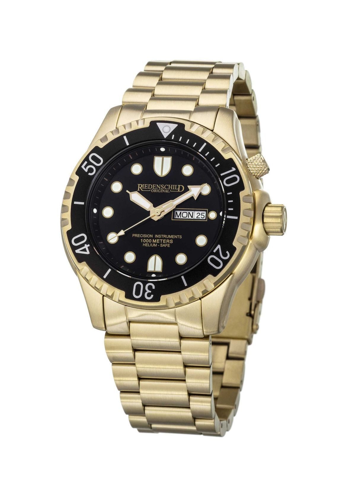 Riedenschild Taucheruhr RS8000-13, IP-Vergoldet, 100 ATM Wasserdicht, 46 mm, Silikon- &, Edelstahlband, Heliumventil, Robuste Armbanduhr für Taucher