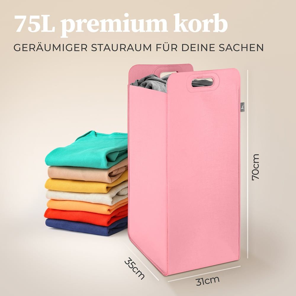 HENNEZ Wäschekorb "Katy" aus Filz schmal und zusammenklappbar,  80l, Wäschesack Groß für Schmutzwäsche Wäschetonne Wäschetasche