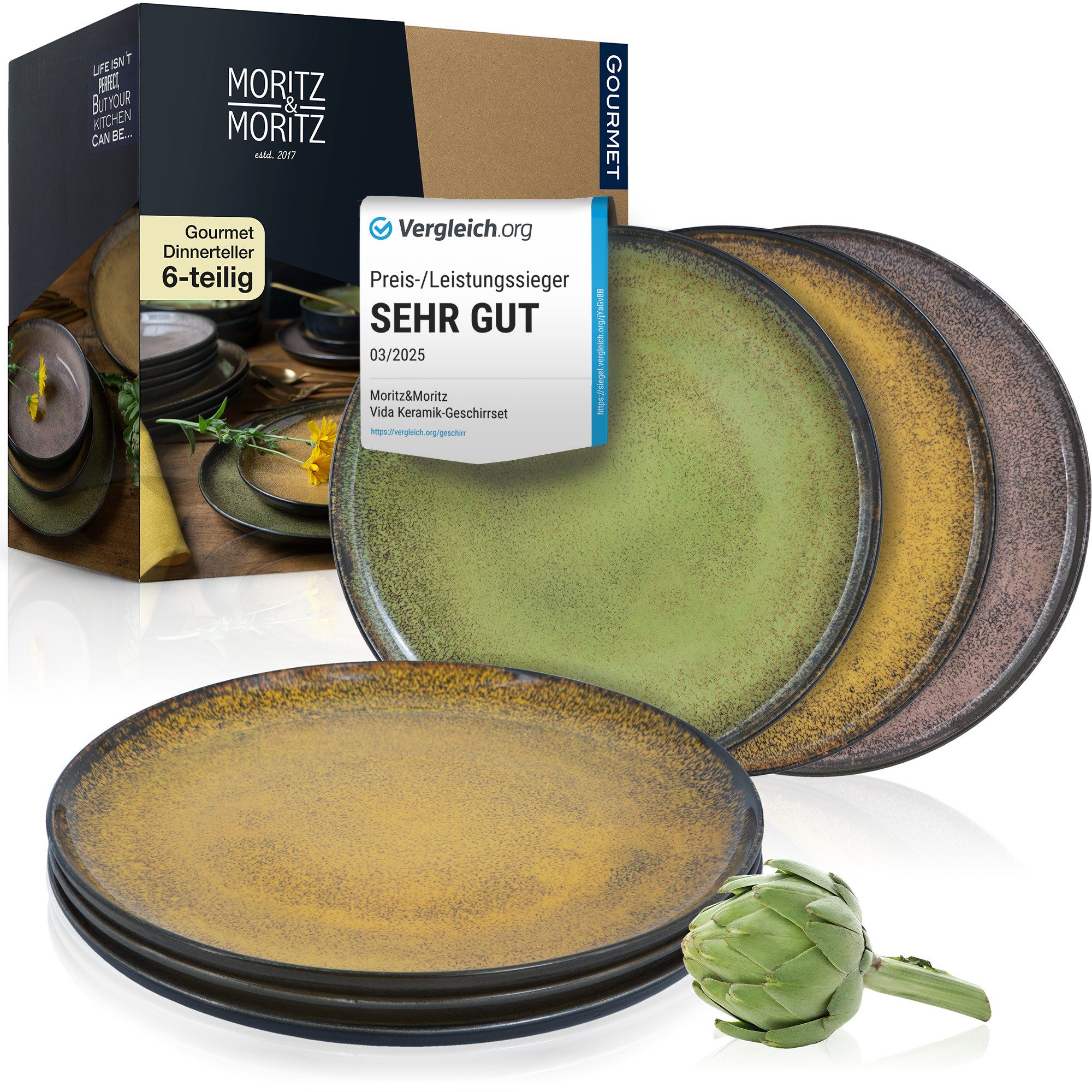 Moritz & Moritz Tafelservice VIDA Dinnerteller für 6 Personen Vintage (6-tlg), 6 Personen, Porzellan, Spülmaschinengeeignet, Geschirrset für 6 Personen