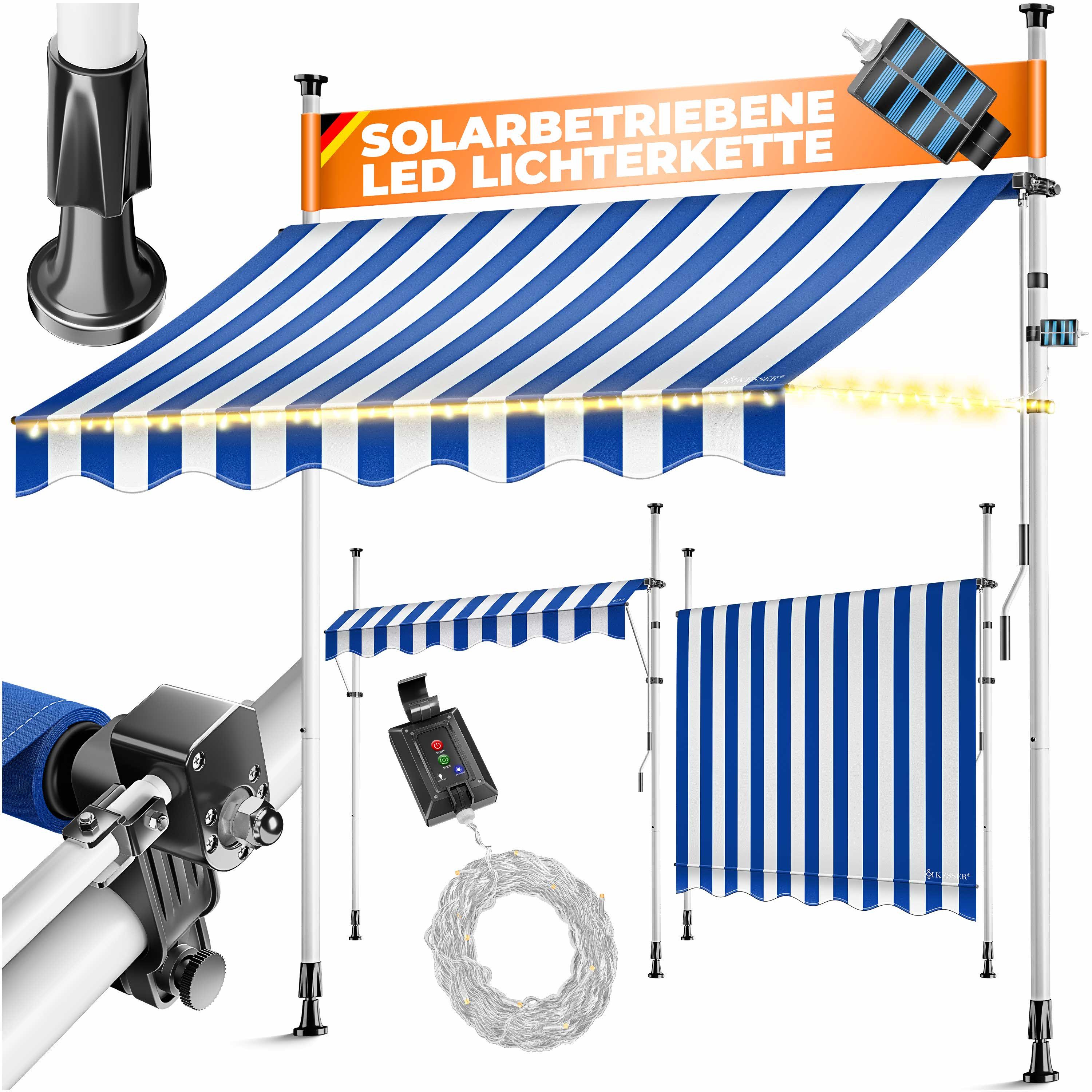 KESSER Klemmmarkise mit Handkurbel & LED, 300x180cm Balkonmarkise ohne Bohren UV-Beständig (Markise + solarbetriebene LED Lichterkette, höhenverstellbar 176-305cm) Sicht- & Sonnenschutz für Balkon Terrasse & Garten, wasserabweisend