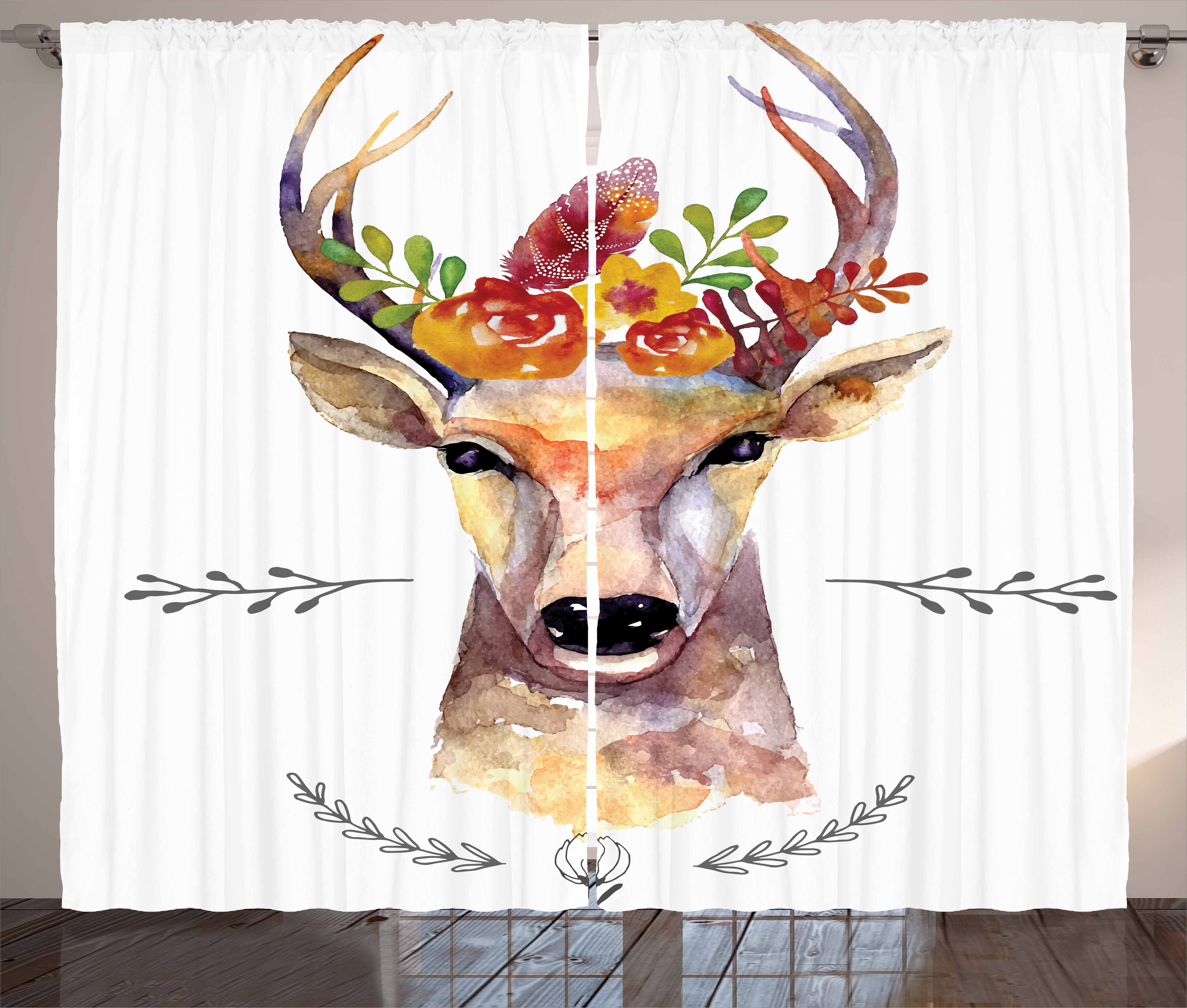 Gardine Schlafzimmer Kräuselband Vorhang mit Schlaufen und Haken, Abakuhaus, Indie Aquarell Deer Rustic