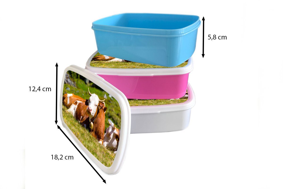 MuchoWow Lunchbox Kühe - Blumen für Brotbox (2-tlg), Brotdose rosa Kinder, Erwachsene, - Kunststoff Kunststoff, Mädchen, Alpen, Snackbox