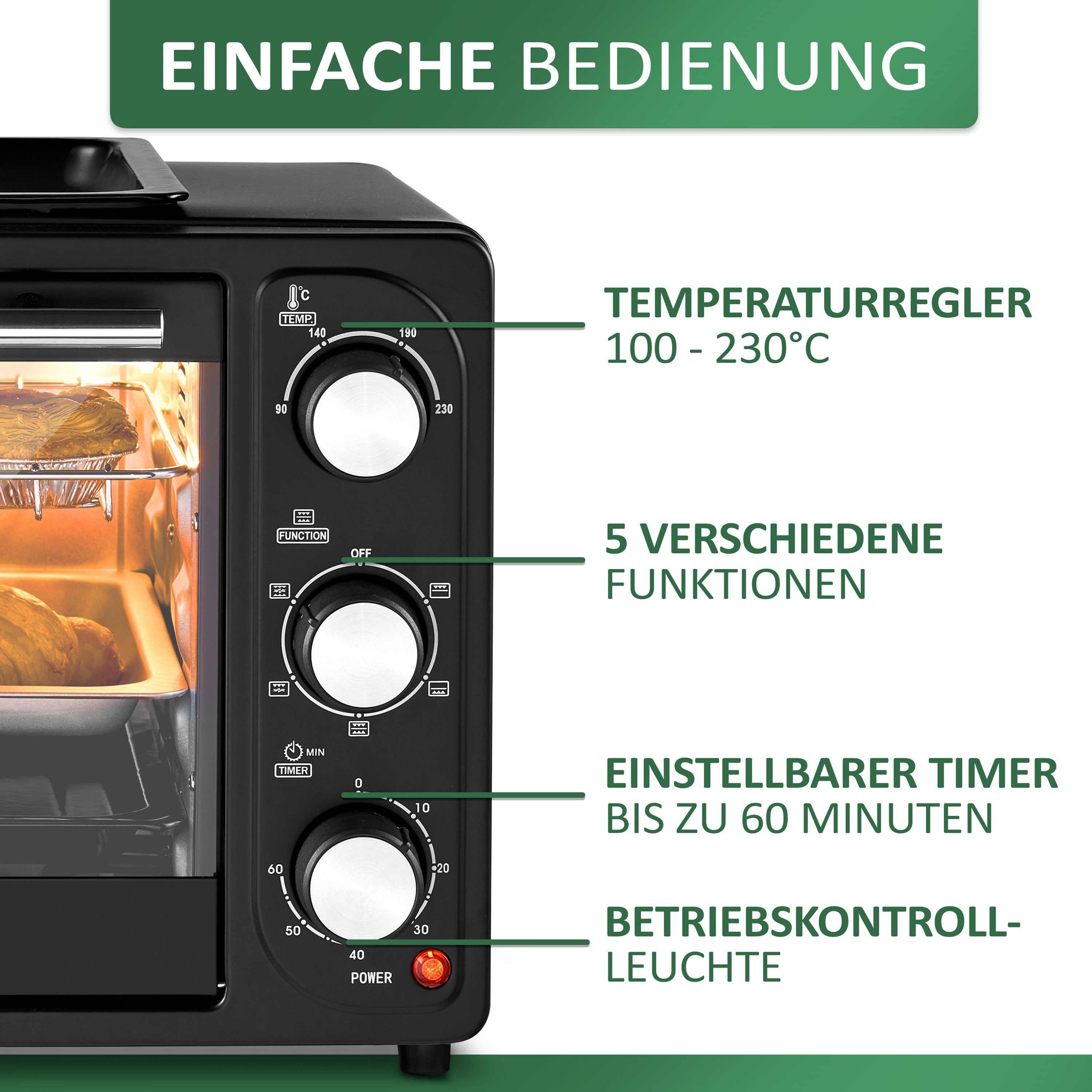 STEINBORG Minibackofen SB-3001, 20 Liter, Umluft, 3 in 1 Funktion, Grillplatte, 1300 W