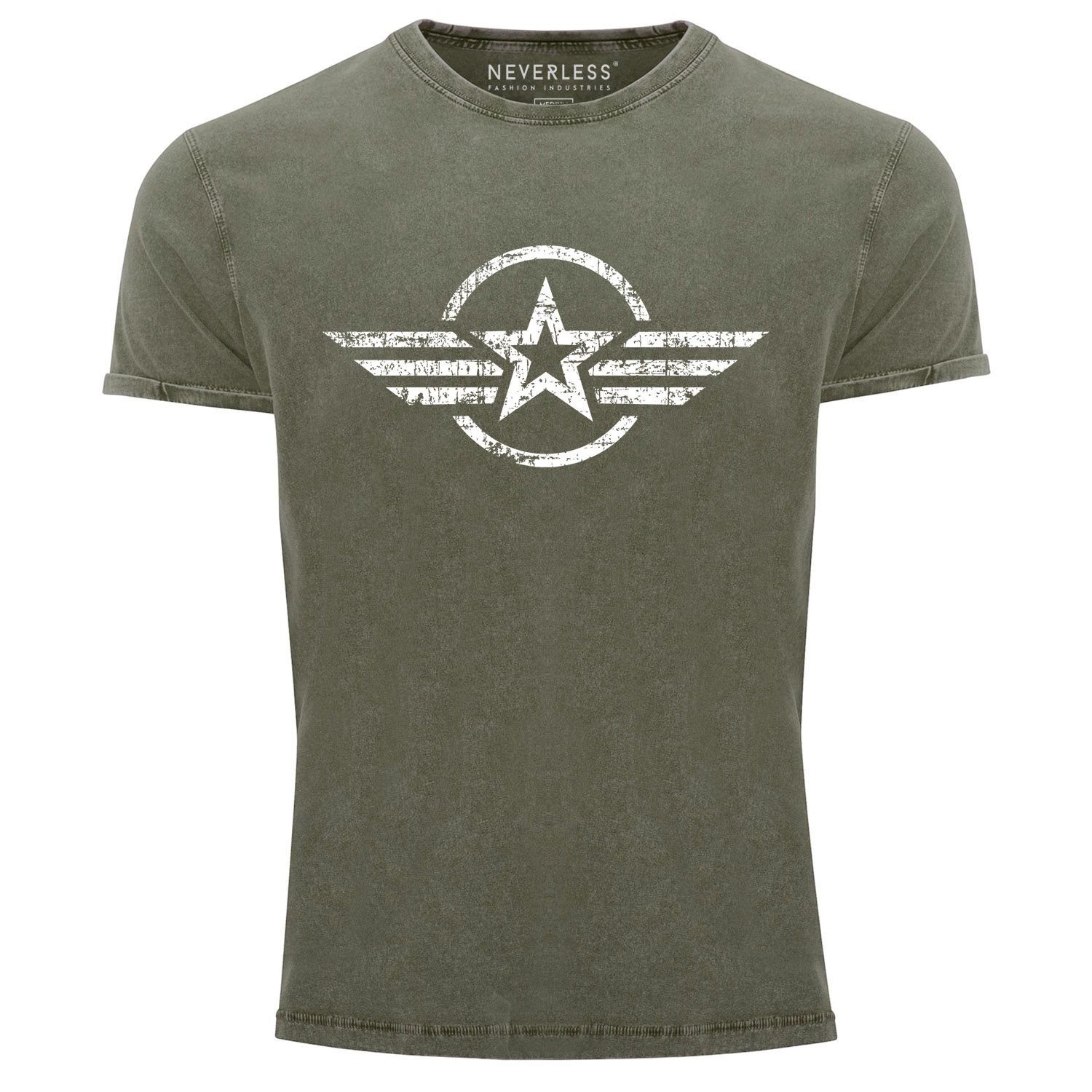 Neverless Print-Shirt Herren Vintage Shirt Airforce Stern Army Military Aufdruck Printshirt T-Shirt Aufdruck Used Look Slim Fit Neverless® mit Print oliv