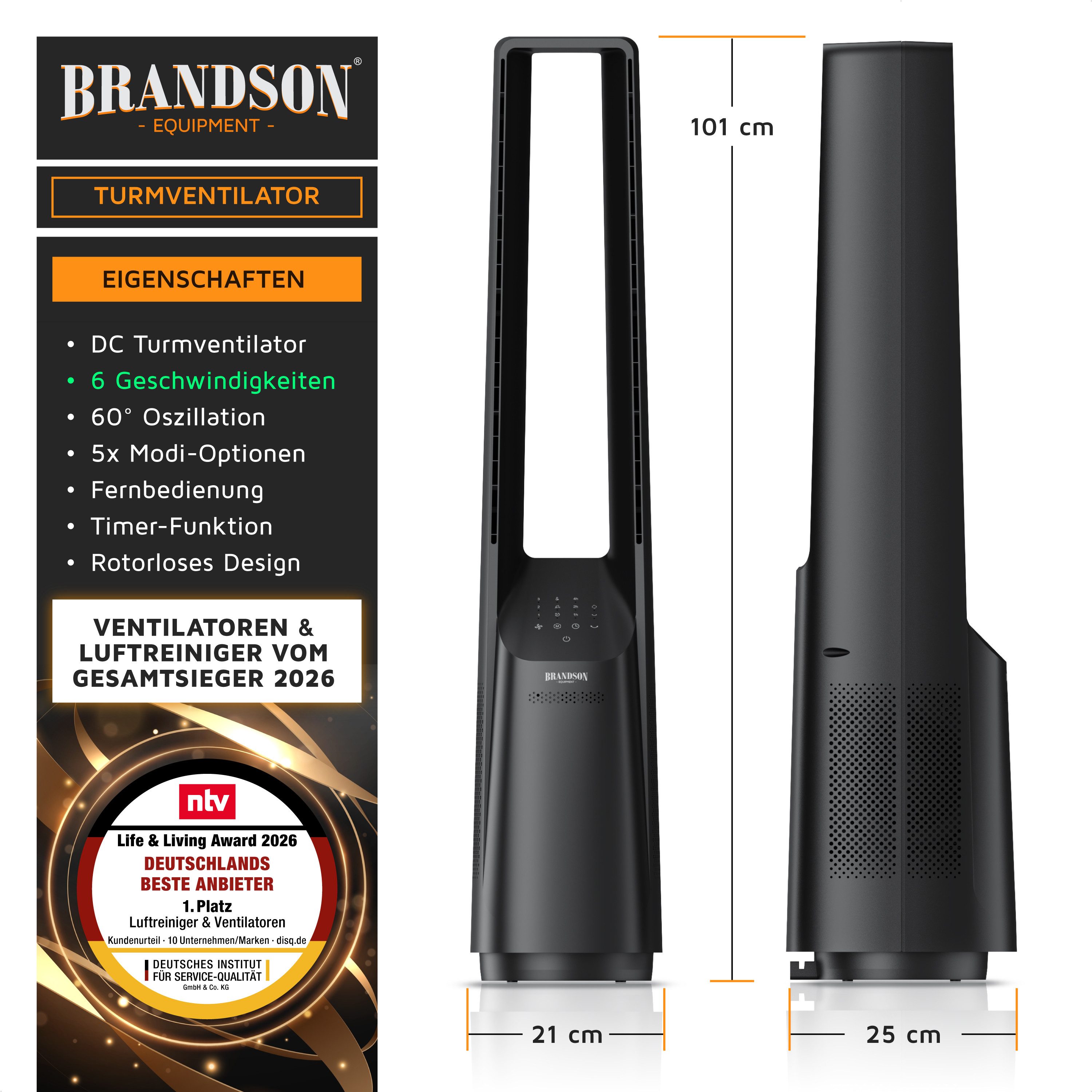 Brandson Turmventilator DC-Motor, Säulenventilator blattlos, Timer, Fernbedienung, Oszillation, Sieger Ventilatoren & Luftkühler 2026, 3 Modi, Touch, leise, rotorlos