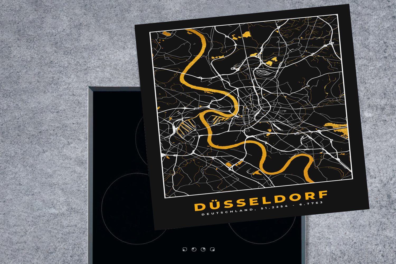 Karte (1 - Stadtplan küche Ceranfeldabdeckung, MuchoWow Gold Deutschland, cm, für - Herdblende-/Abdeckplatte Arbeitsplatte Vinyl, Düsseldorf 78x78 - - tlg),
