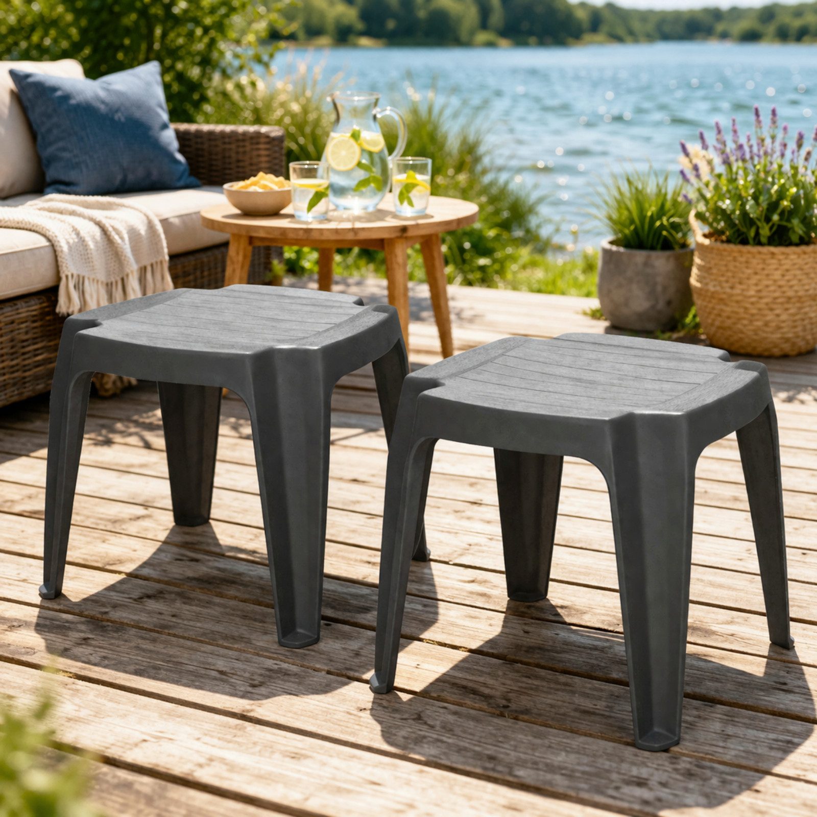 Progarden Gartenlounge-Hocker Kunststoff 43x38x38 cm Anthrazit 2er Set (2 St), Vierbeiner, Wetterfest, Kunststoff, Schwarz, Stapelbar