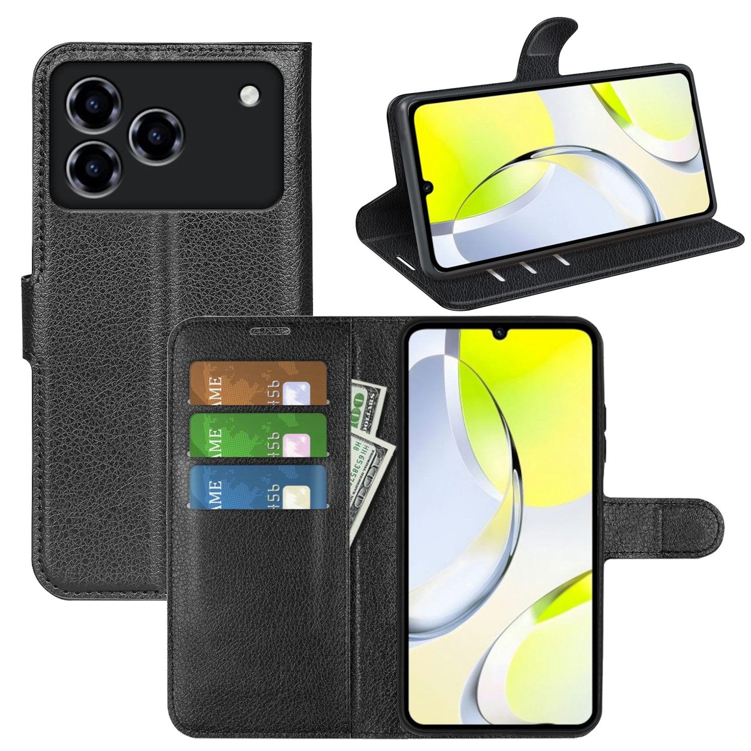 Wigento Smartphone-Hülle Für ZTE Blade A76 4G Kunstleder Book Wallet Handy Tasche Hülle Schwarz, Kunstleder Hülle mit Kartenfächern und Standfunktion