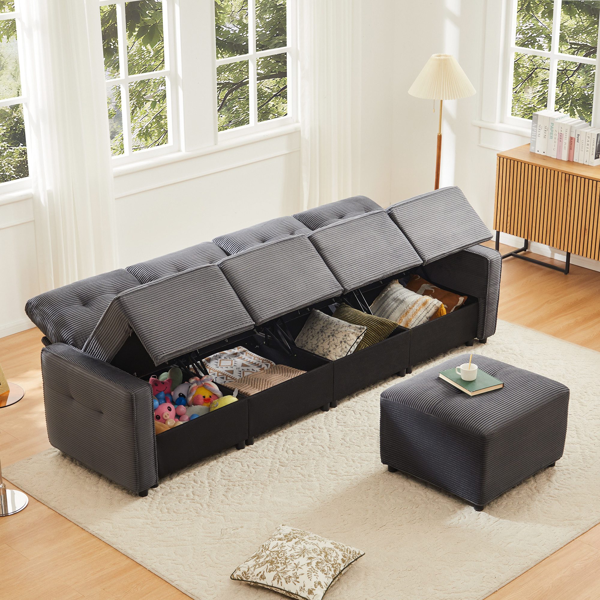 Flieks 4-Sitzer Sofa mit hydraulisches Stauraum und 1 Hocker, L280xT83xH85 cm, L-förmiges Sofa Ecksofa Polstersofa inkl. Kissen, Cordstoff Grau