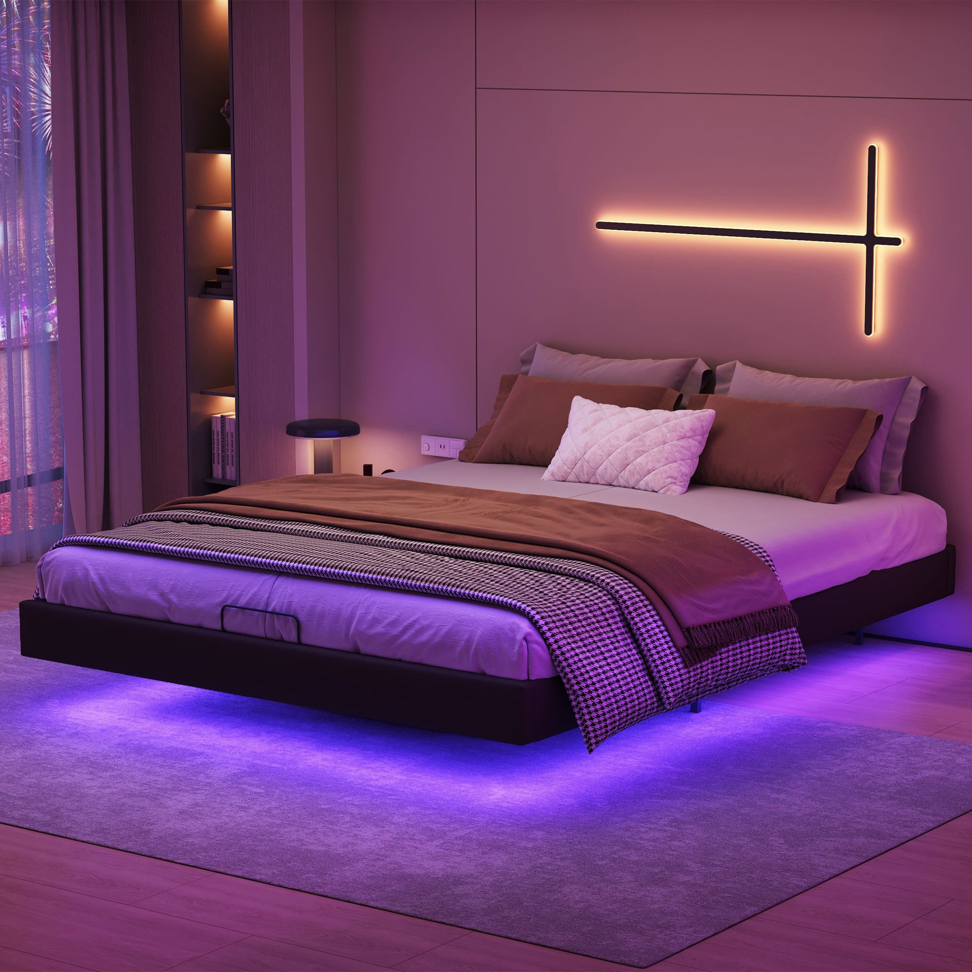 Furnishings Home Polsterbett hydraulisches Doppelbett mit Stauraum + LED-Li günstig online kaufen