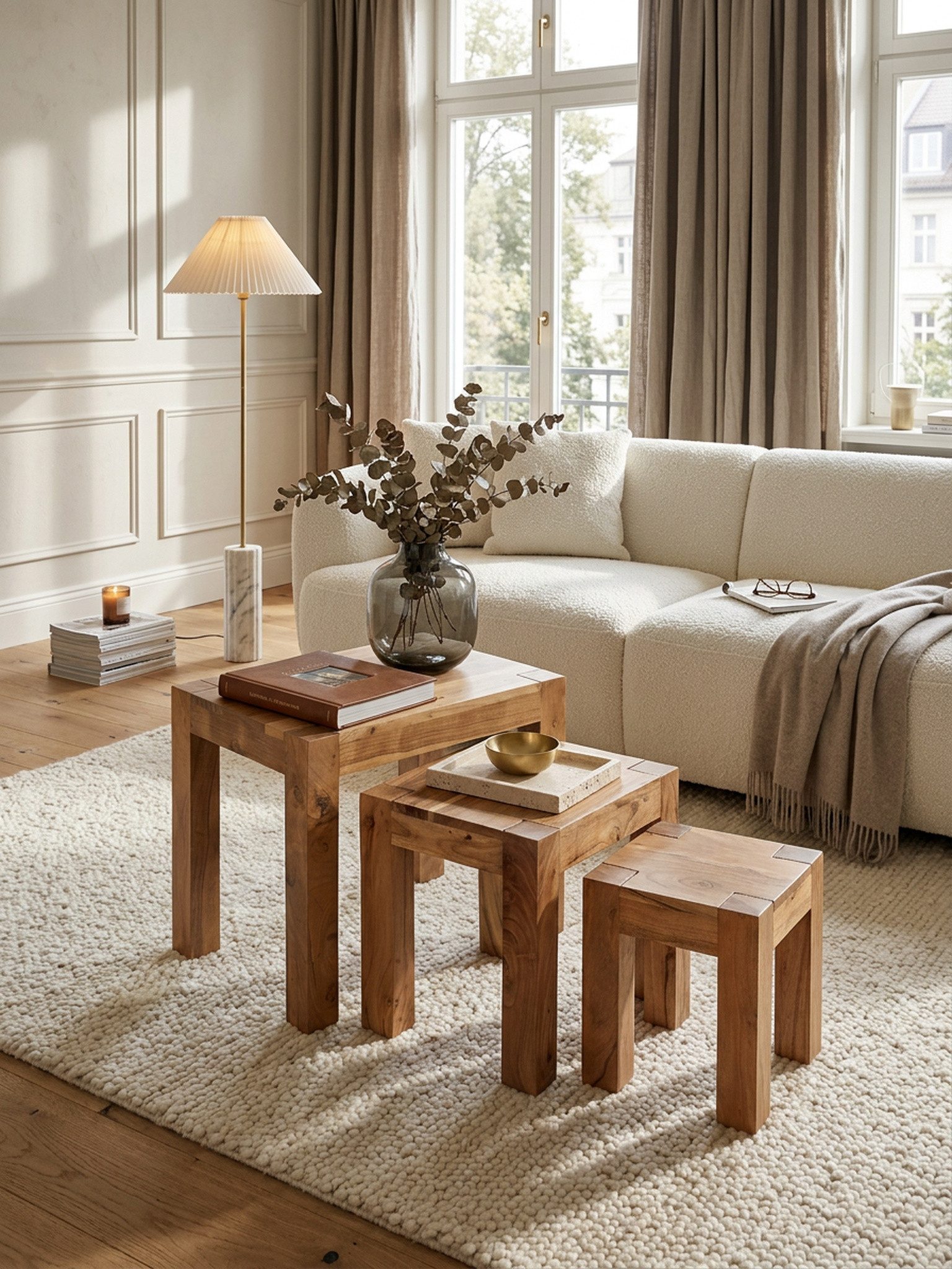 KADIMA DESIGN Satztisch 3er Set MUMBAI Satztisch Massiv-Holz Akazie Wohnzimmer-Tisch, Landhaus-Stil Beistelltisch dunkel-braun Naturholz