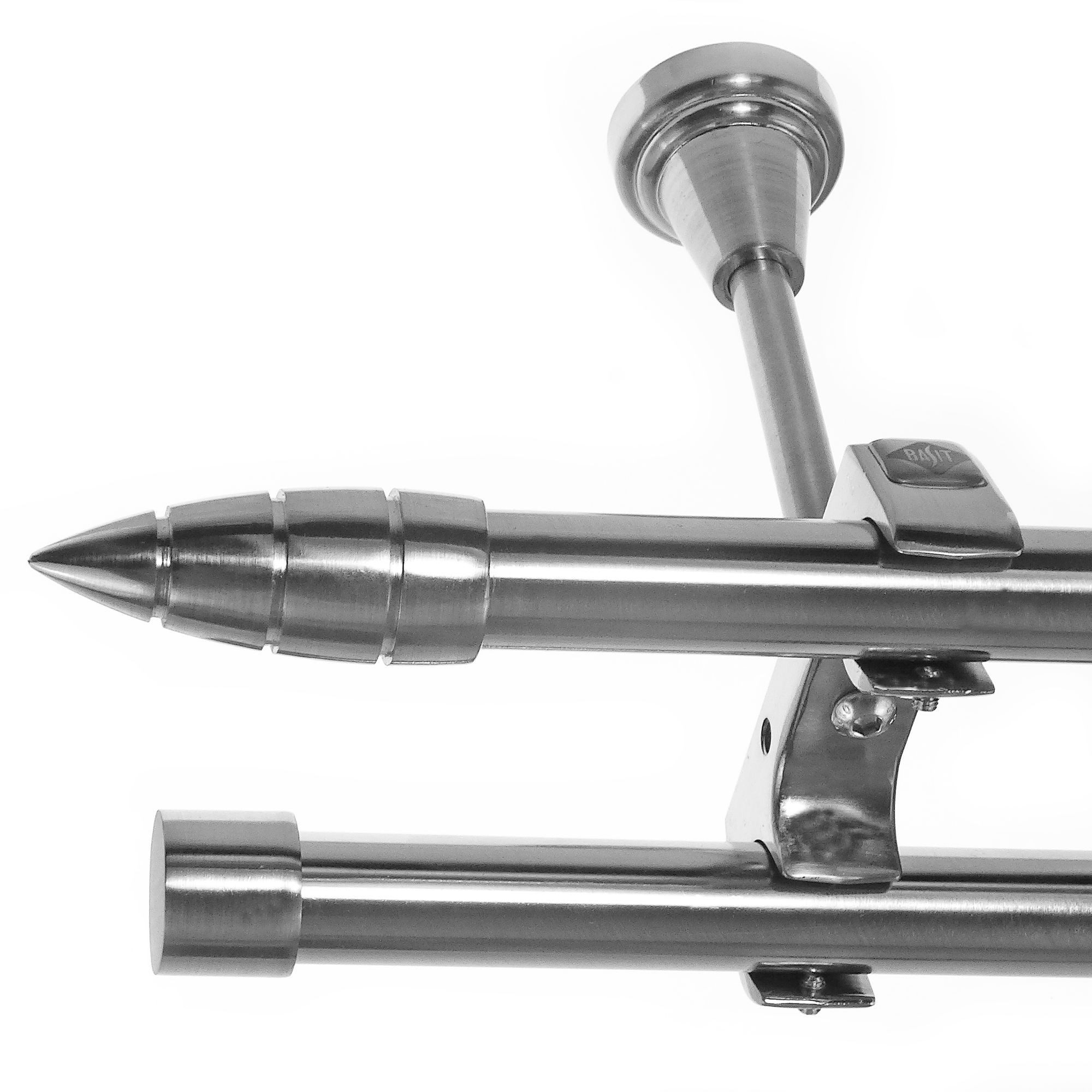 BASIT Gardinenstange Edelstahloptik 20mm mit Deckenträgern 360 cm E81, Ø 20 mm, 2-läufig, verschraubt, Metall, D61RR 360 cm E81 Spitze mit Rillen