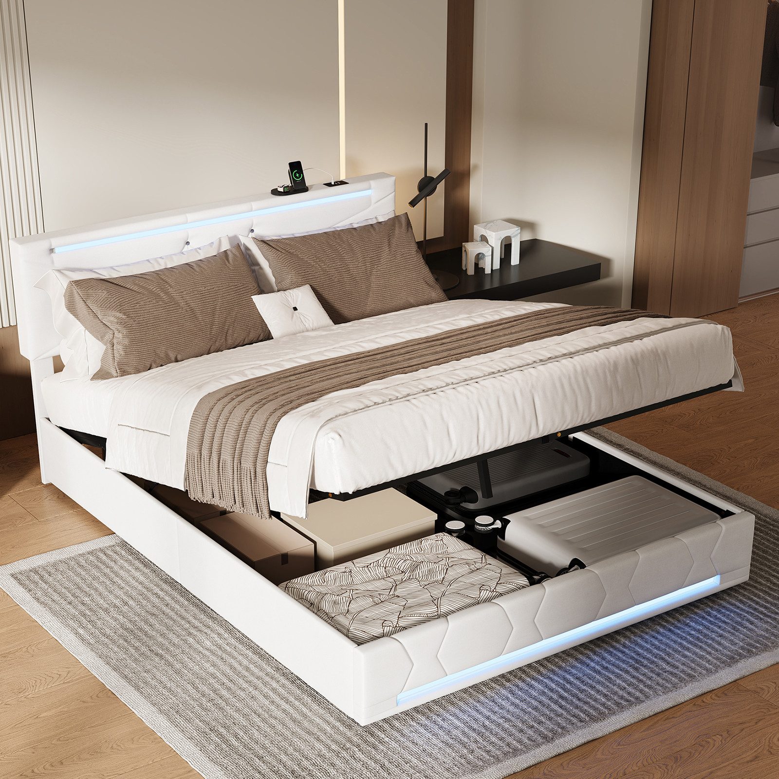 ADWOLT Polsterbett Hydraulisches Doppelbett mit LED Beleuchtung und Ladefunktion (Set, 1-tlg., Ohne Matratze), 140x200 cm Jugendbett Stauraumbett, Leinen Beige
