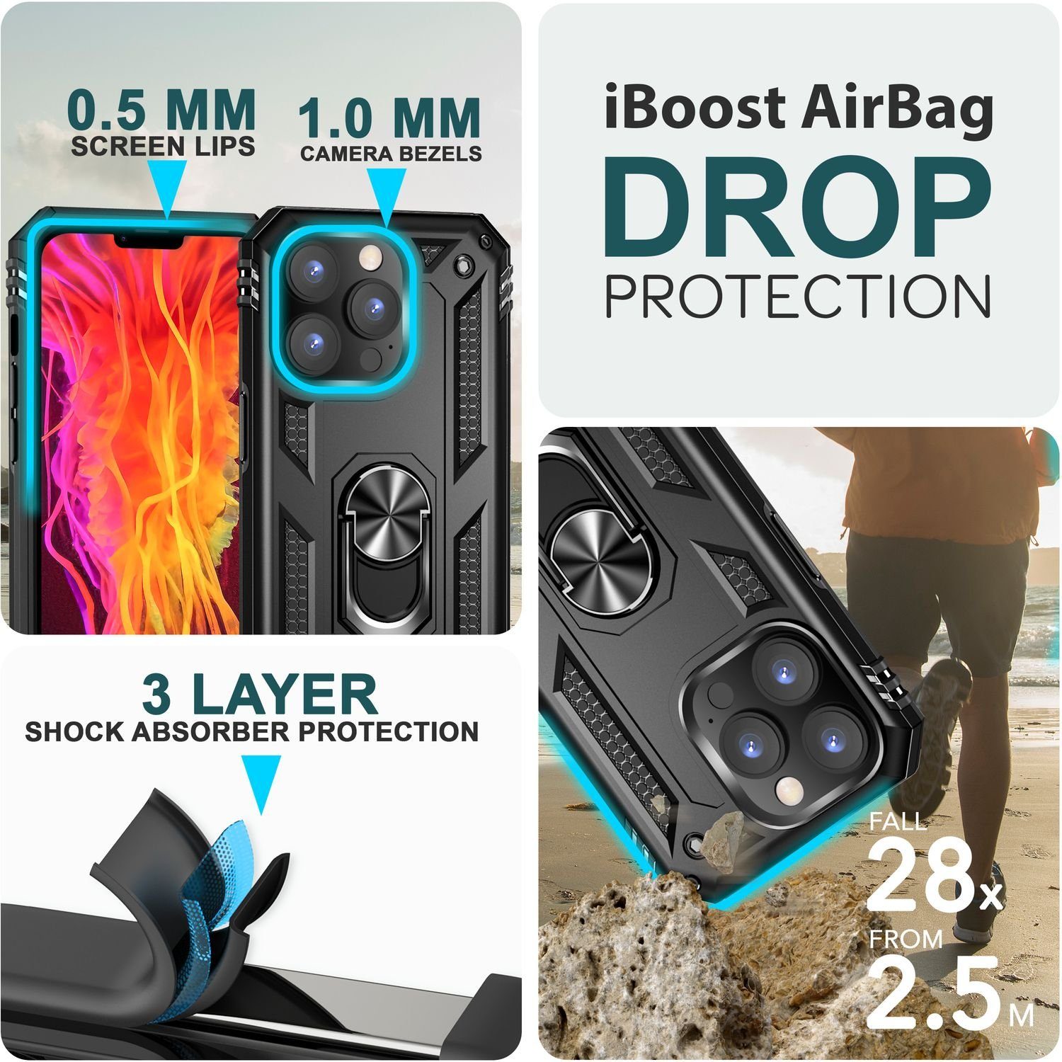 Nalia Smartphone-Hülle Apple iPhone 15 Pro Max, Military Style Ring-Hülle / Extrem Robuster Schutz / Standfunktion