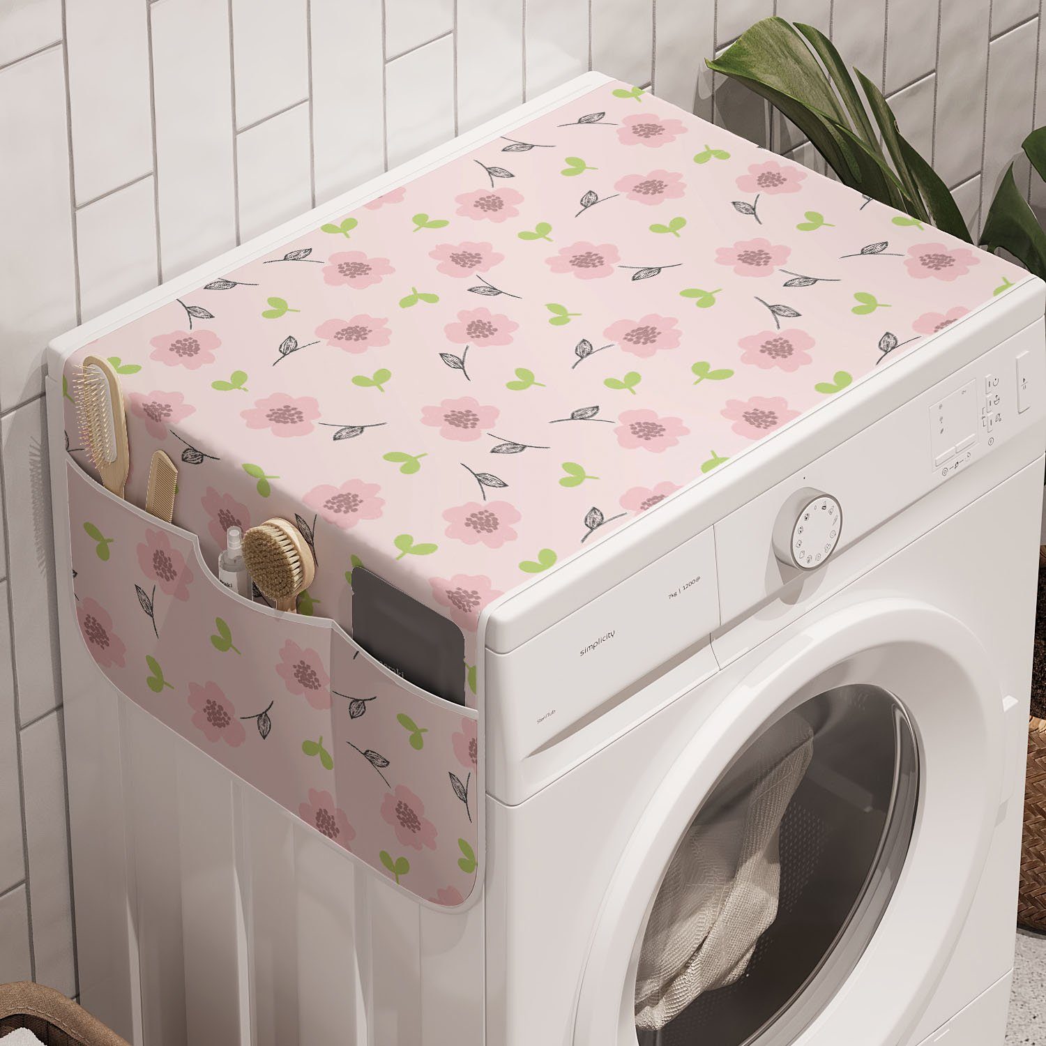 Badorganizer Rosa Waschmaschine Blumen blühende Anti-Rutsch-Stoffabdeckung und Blumen-Kunst für Trockner, Abakuhaus