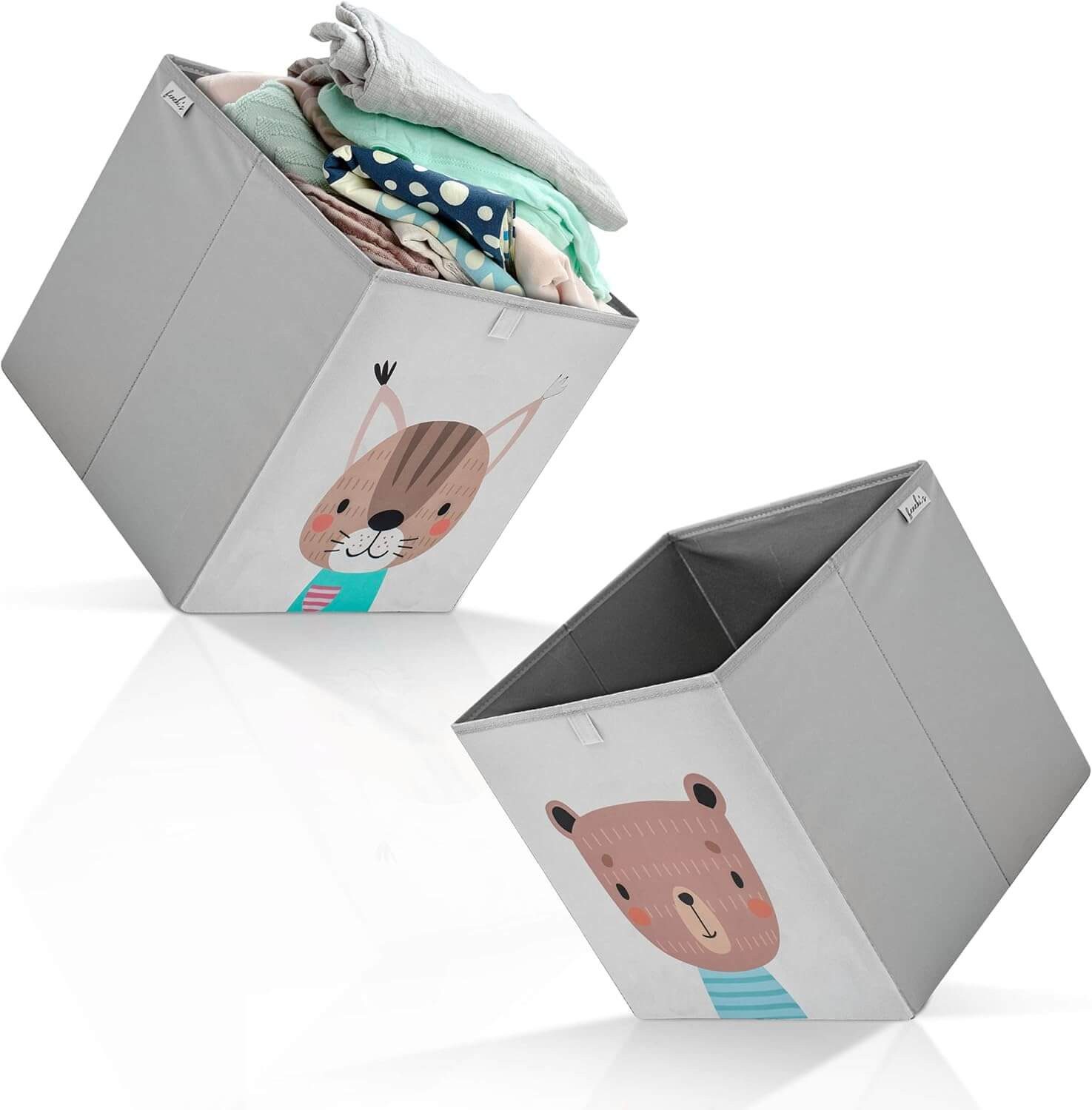 trends4cents Aufbewahrungsbox Aufbewahrungsboxen 2er Set Kinder – Kallax Einsatz – Bär & Katze (2 St), faltbar, stabile Wände, Schlaufen zum Herausnehmen, pflegeleicht