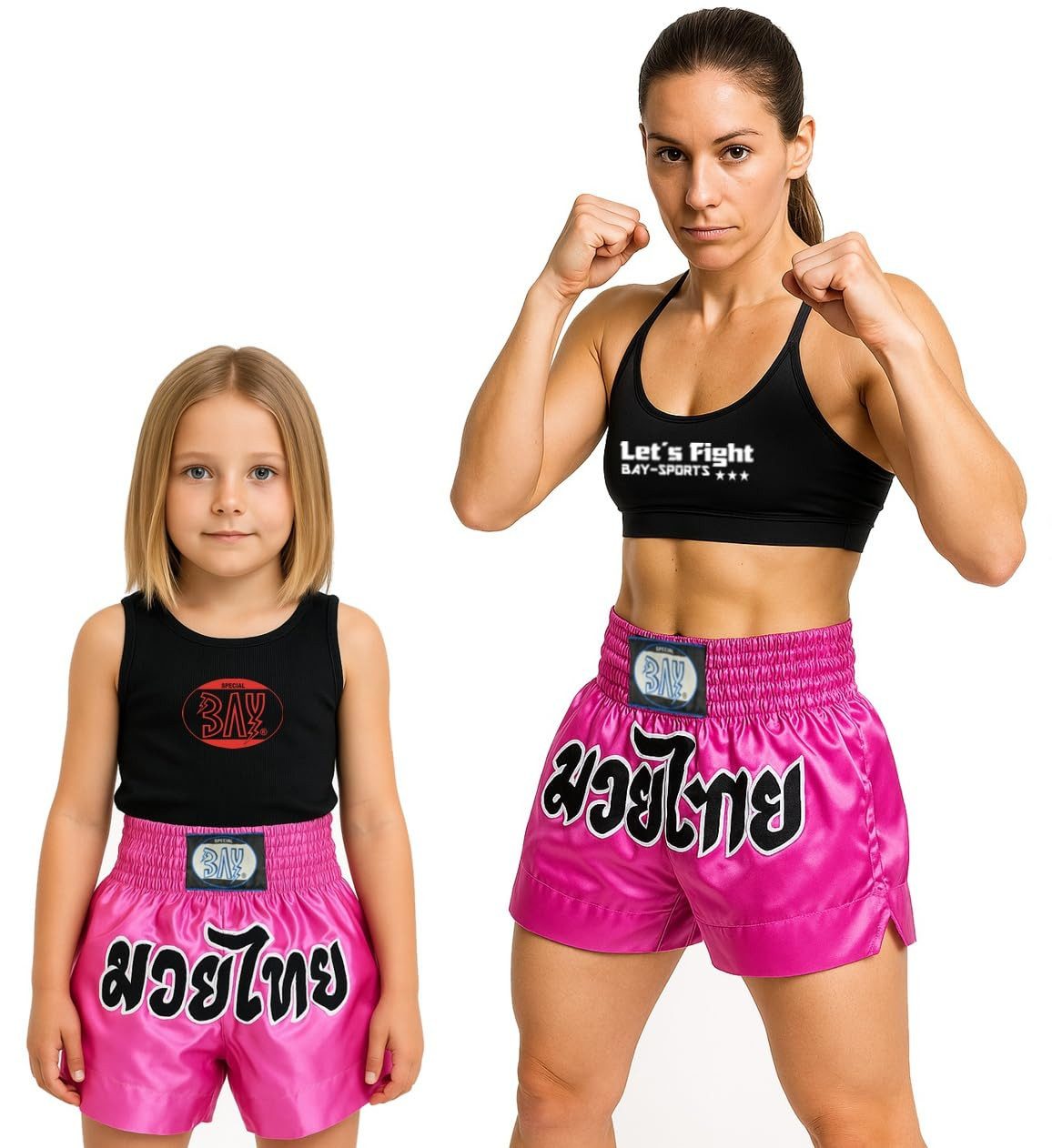 BAY-Sports Sporthose Thaiboxhose REMY Muay Thai Hose Shorts Thaiboxen MMA kurz Kickboxen kurze, leichte, locker sitzende Trainingshose, Pink/Schwarz/Weiß