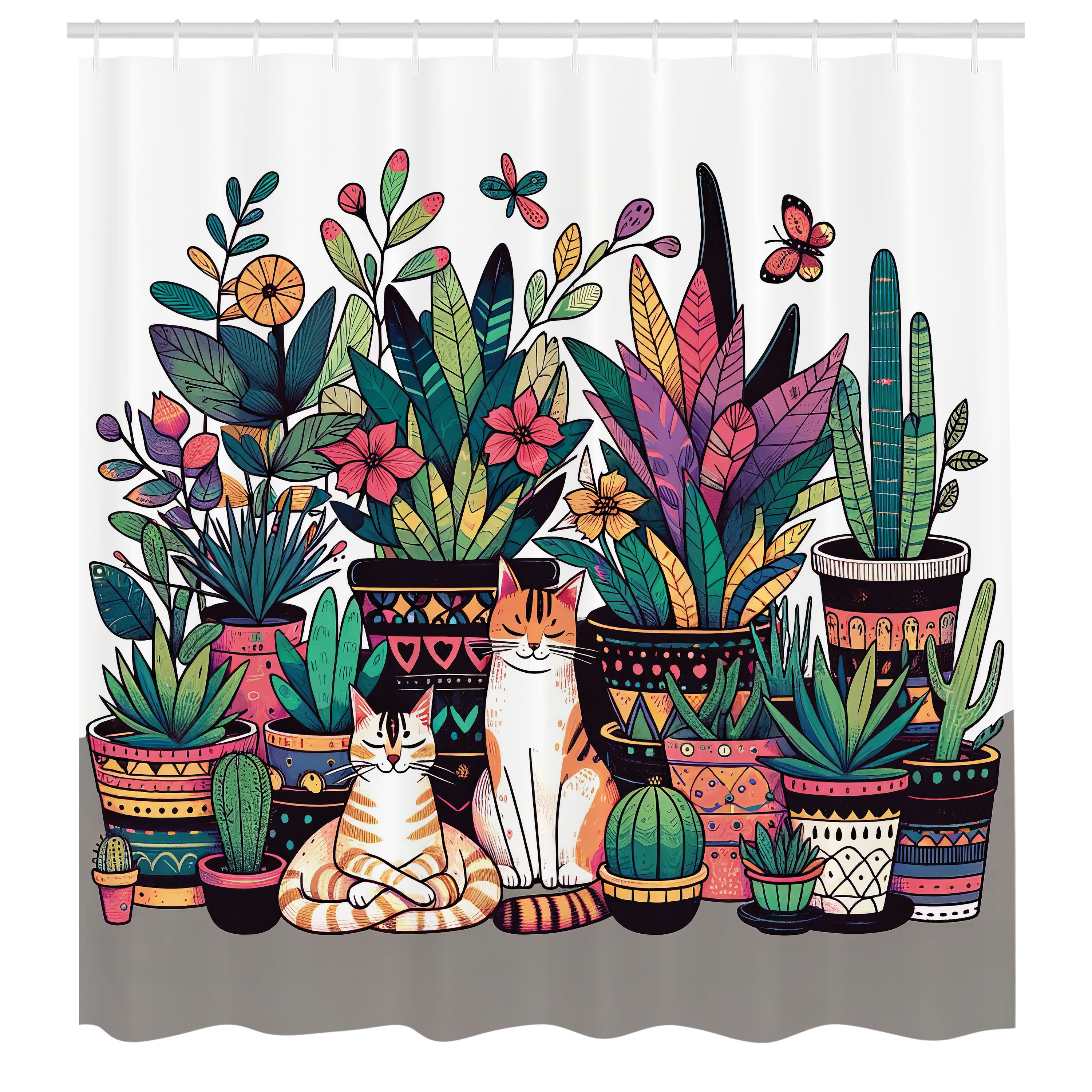 Abakuhaus Duschvorhang Moderner Digitaldruck mit 12 Haken auf Stoff Wasser Resistent Breite 175 cm, Höhe 180 cm, Katze Moderne Blüten Kätzchen Gemütlich Ruhig