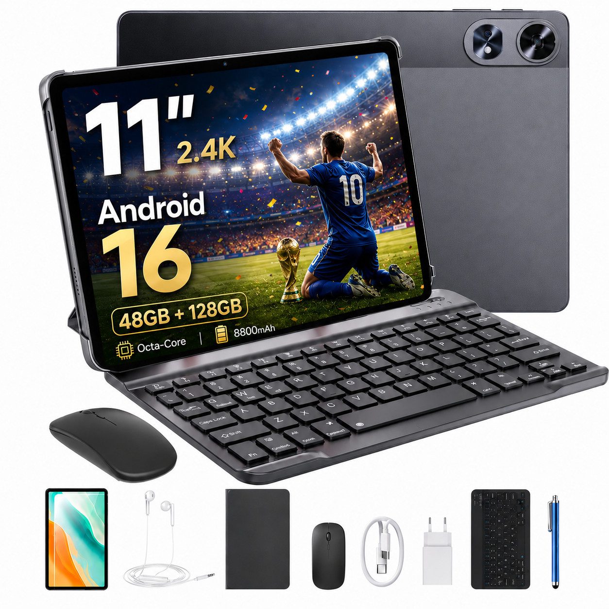 POCKAM 2026 P11 Pro Android 16 Tablet mit Tastatur 11" 2.4K FHD+ 8800mAh 18W Tablet (11", 128 GB, Android 16, WIFI, mit Tastatur, Stift & Maus, Gemini AI, Widevine L1, Face ID, GPS, OTG)