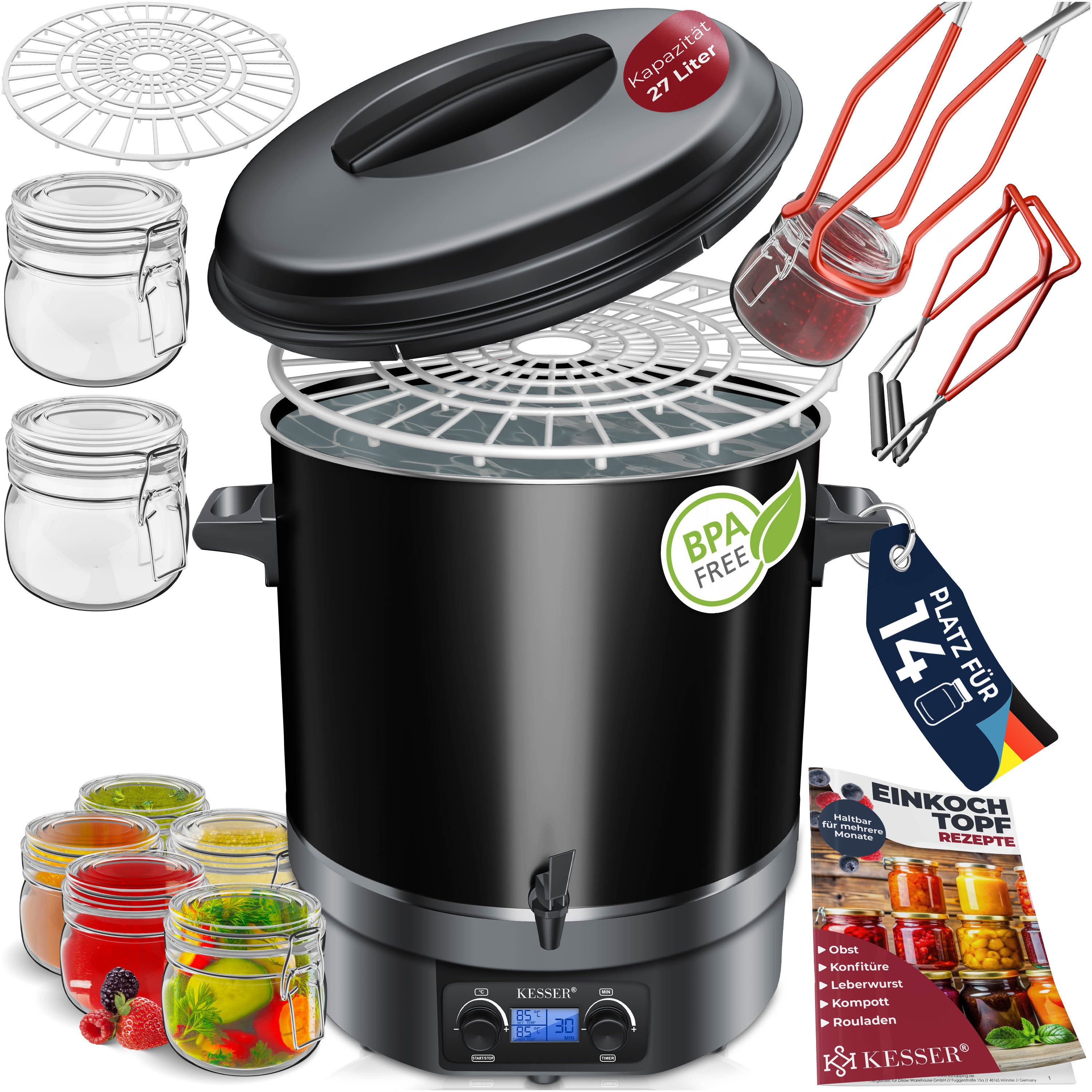KESSER Heißgetränke- und Glühweinautomat Einkochautomat Edelstahl Heißgetränkeautomat 30-100°C Glühweinkessel, Glühweinkocher Dauerbetrieb & Abschaltautomatik inkl Zange & 2 Gläsern
