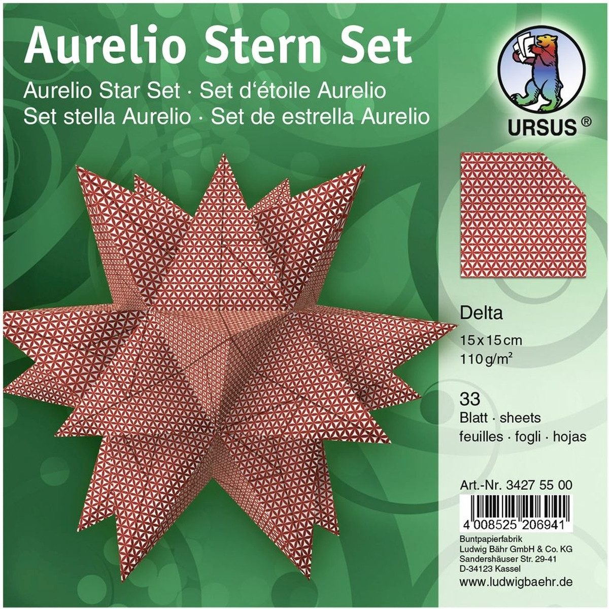 Ursus - Ludwig Bähr Bastelfilz Faltblätter Aurelio Stern Delta weiß/rot 15x15cm